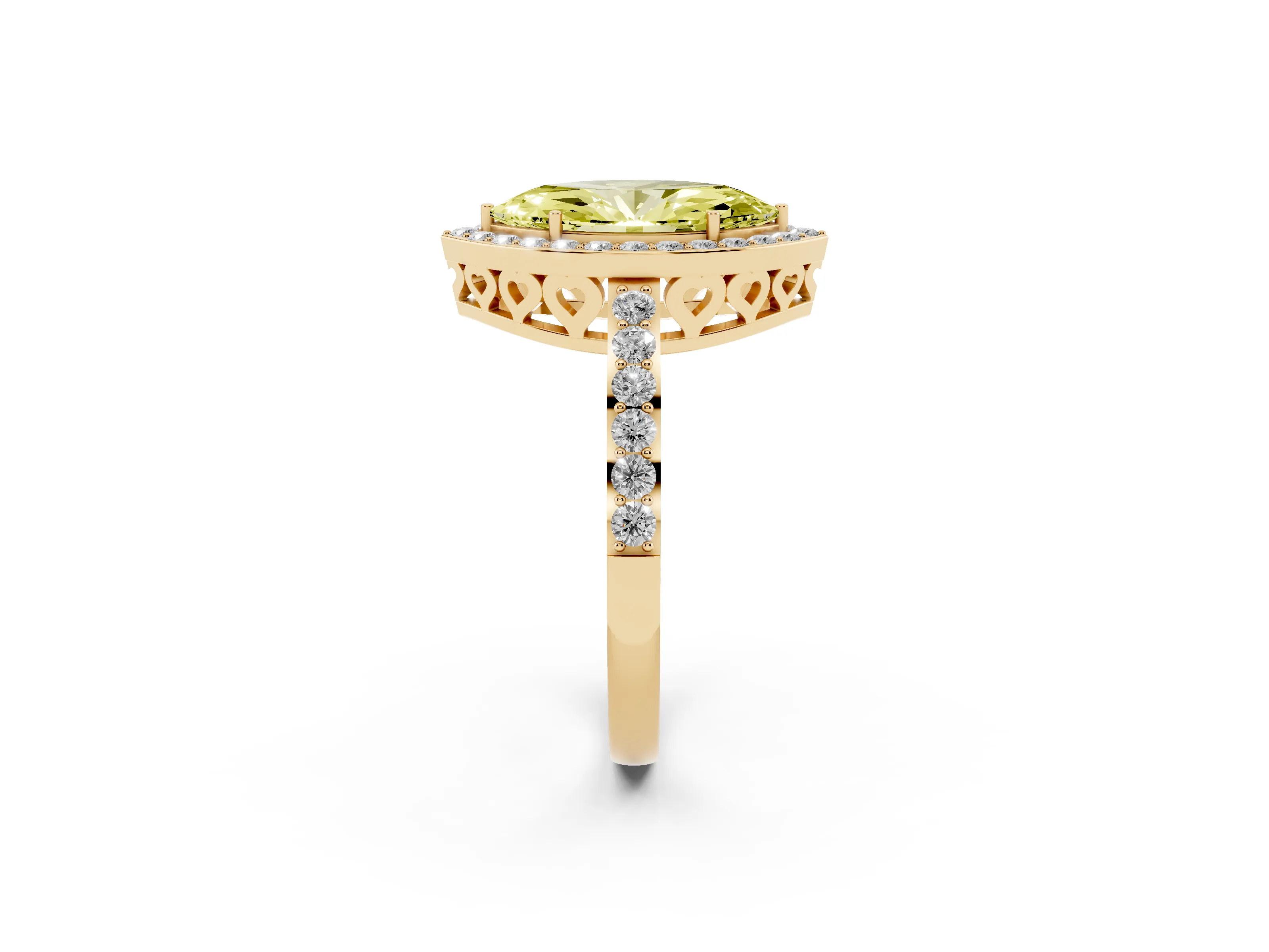 Fancy Yellow Marquise Cut Diamond Halo Ring Set in Yellow gold with Pavé-Setting Band and Open Prong Center