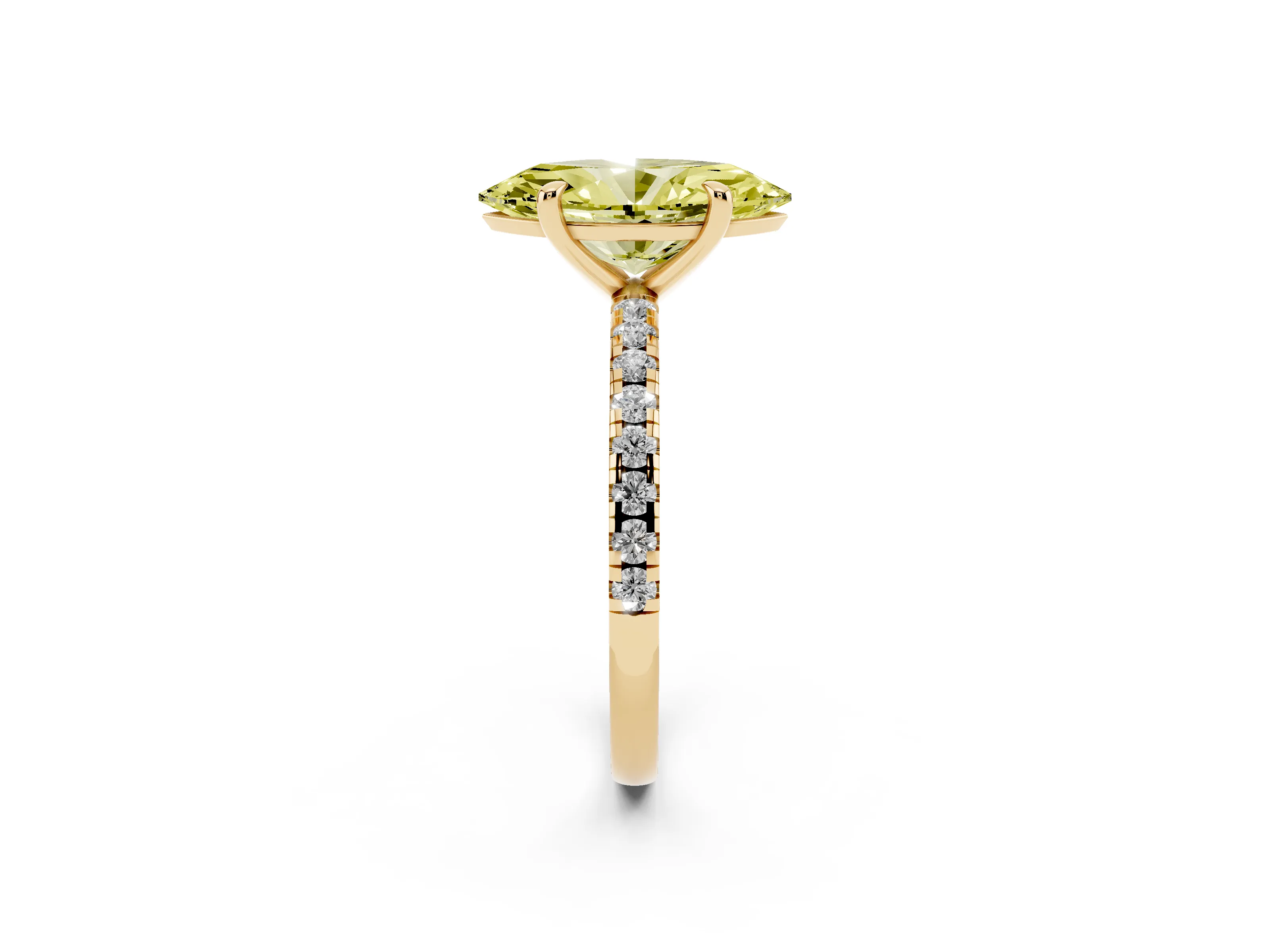 Fancy Yellow Marquise Cut Diamond Brilliant Solitaire Ring Set in Yellow gold with Pavé Band and Prong Setting