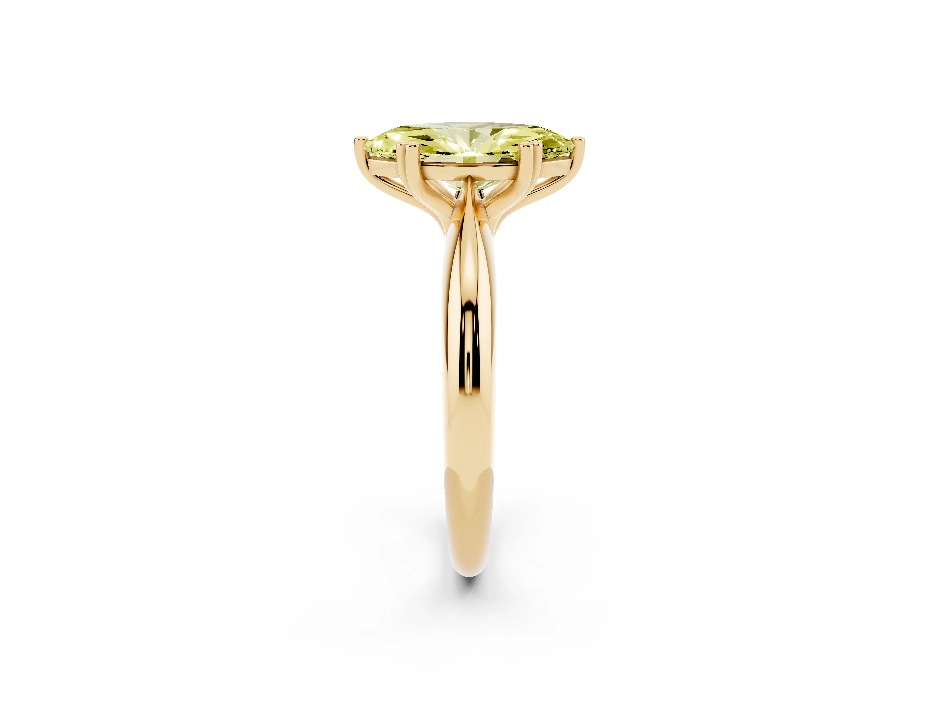 Fancy Yellow Marquise Cut Diamond Solitaire Engagement Ring Set in Yellow gold with Tapered Band and Prong Setting