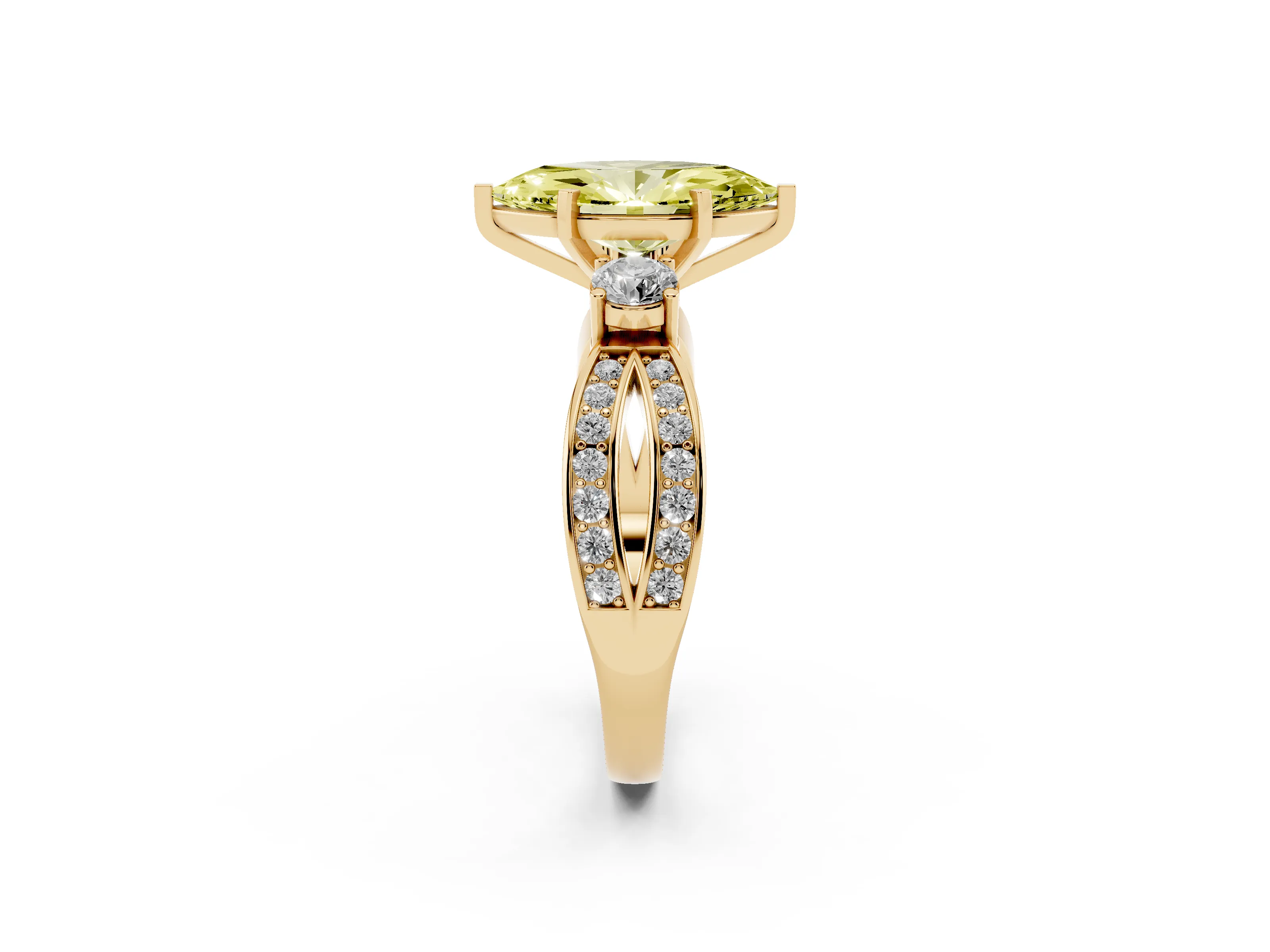 Fancy Yellow Three-Stone Marquise Cut Diamond Twist Band Ring Set in Yellow gold with Pavé Accents and Prong Setting