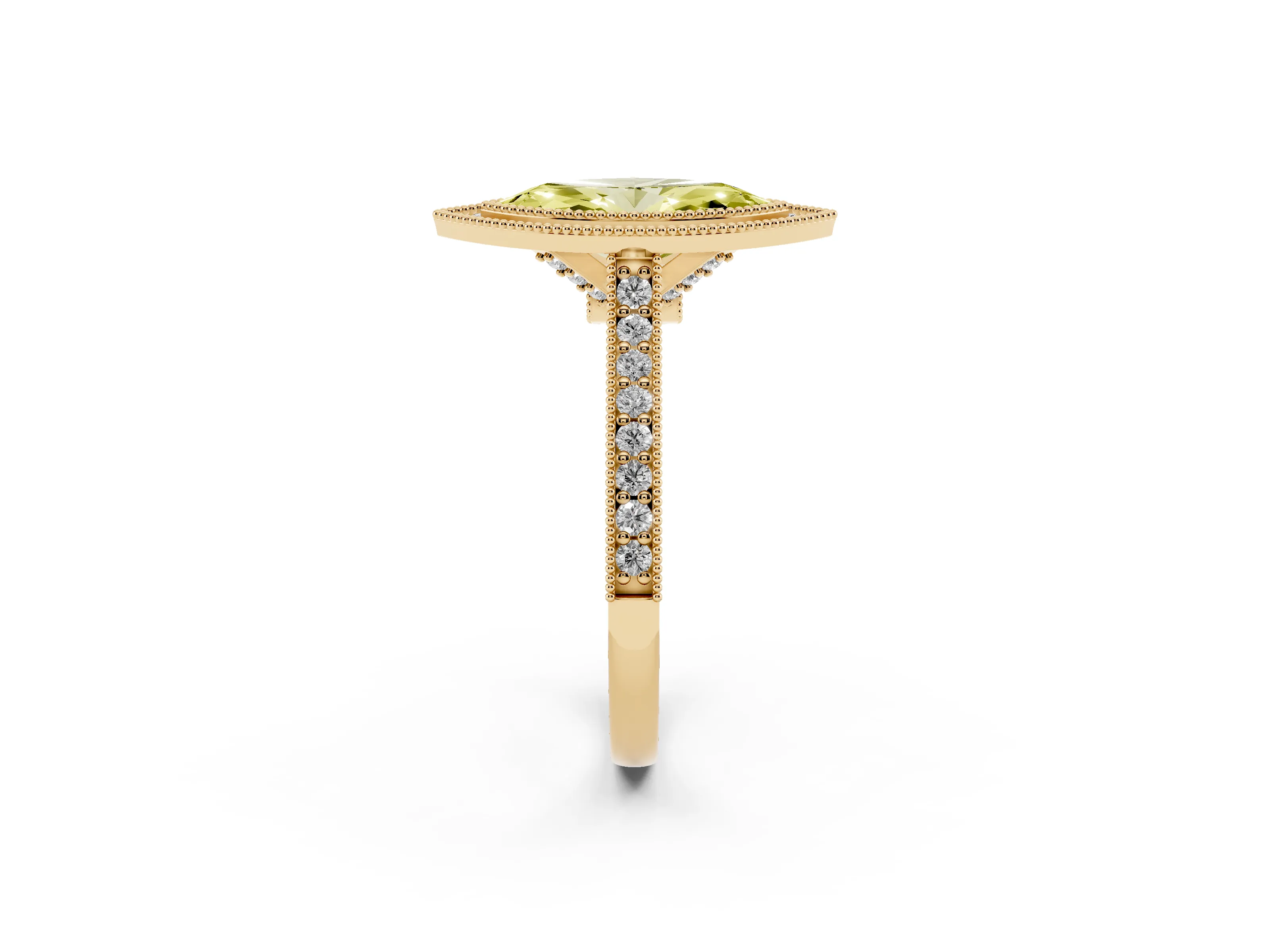 Fancy Yellow Marquise Cut Diamond Halo Milgrain Pavé Band Ring Set in Yellow gold with Prong Setting