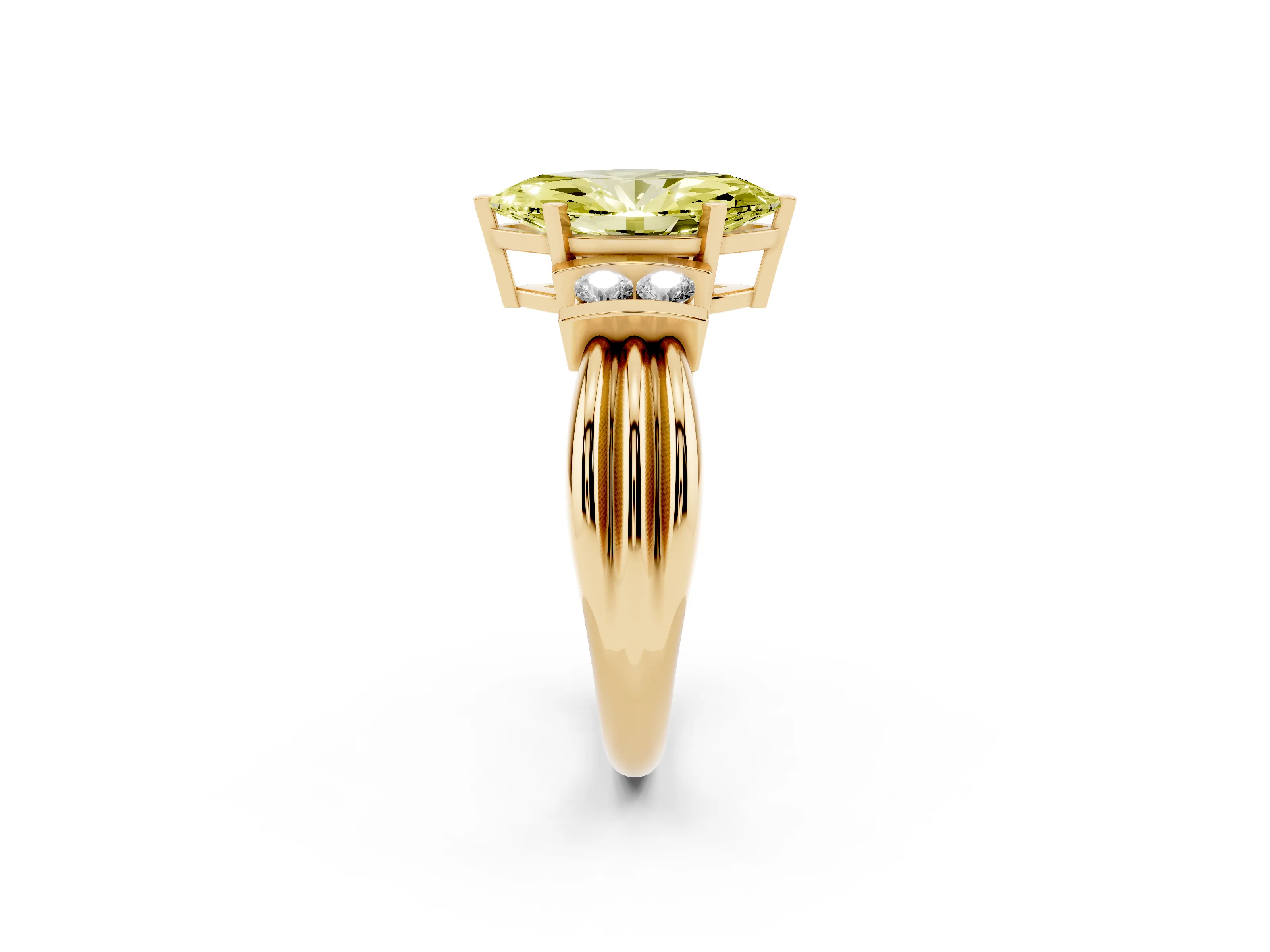Fancy Yellow Three-Stone Marquise Cut Diamond Channel Set Ring Set in Yellow gold with Bar Prongs