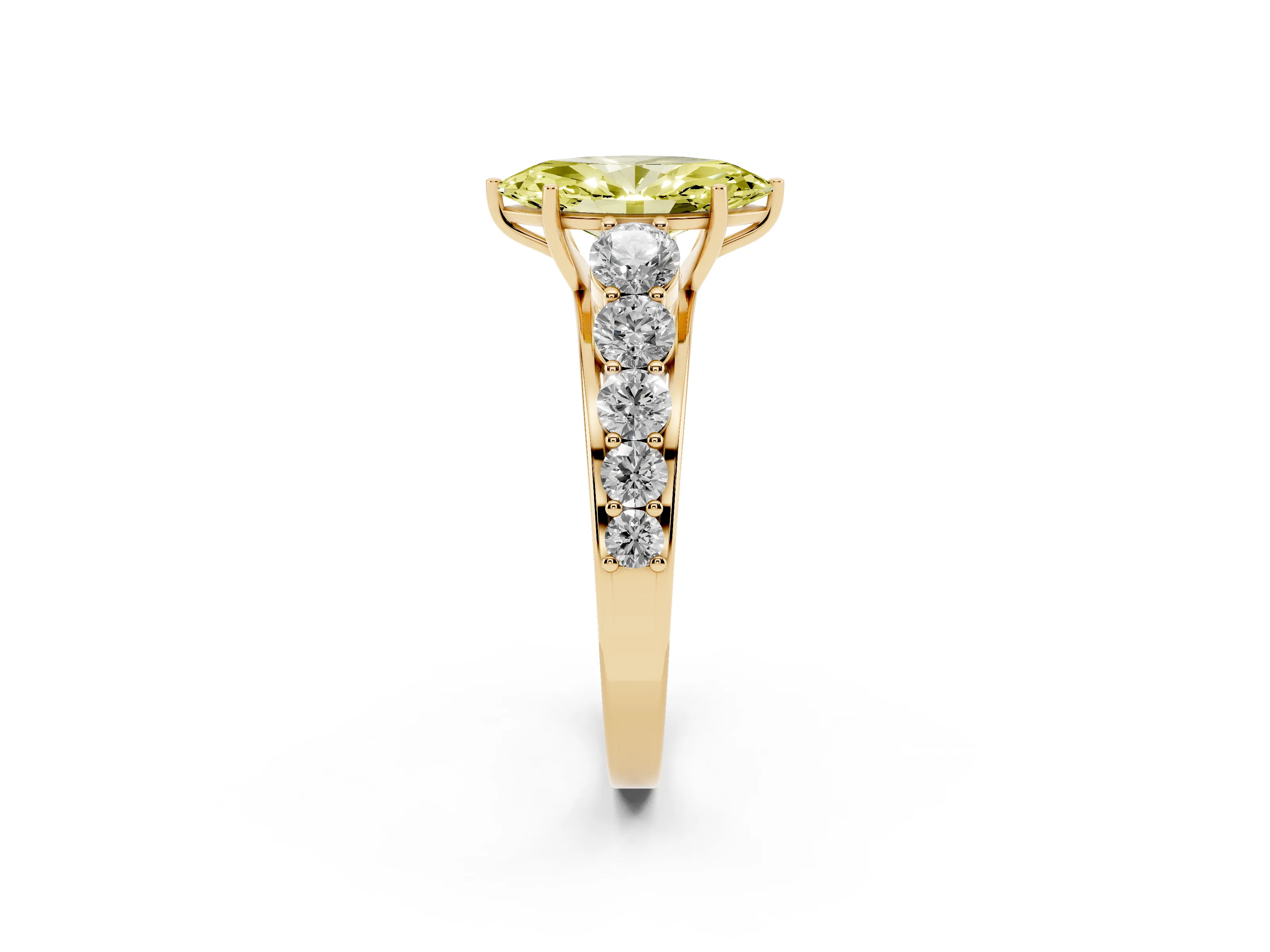 Fancy Yellow Marquise Cut Diamond Solitaire Ring Set in Yellow gold with Pavé-Set Band and Prong Setting
