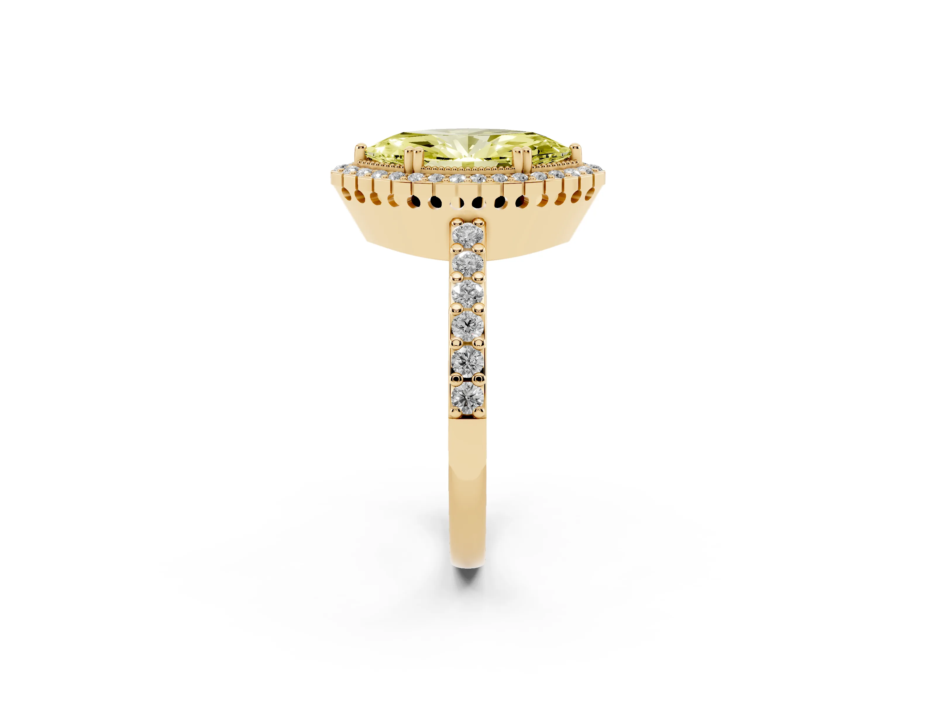 Fancy Yellow Marquise Cut Diamond Halo Engagement Ring Set in Yellow gold with Milgrain Detail and Pavé Band