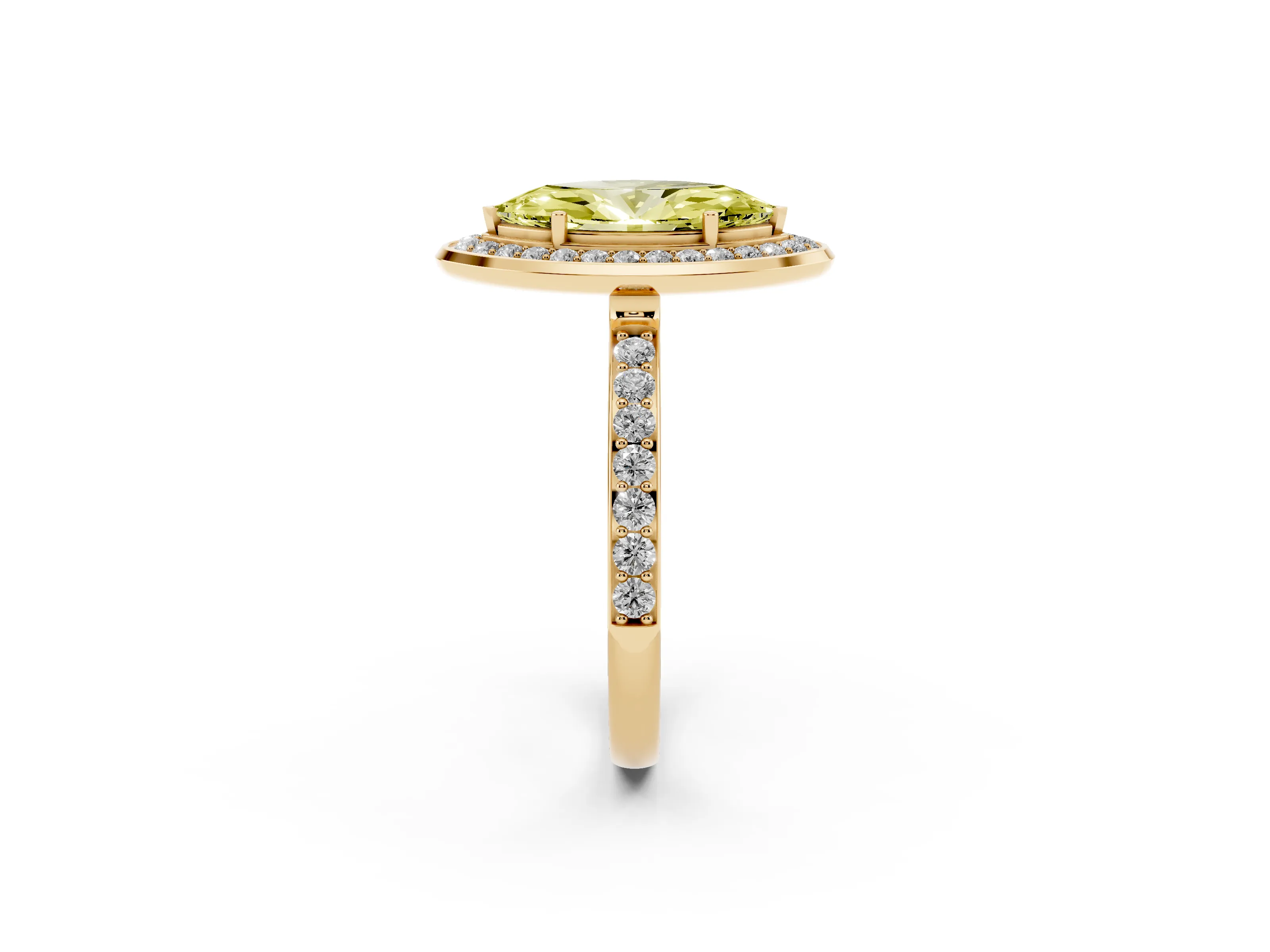 Fancy Yellow Marquise Cut Diamond Halo Ring Set in Yellow gold with Bezel Frame and Pavé Band