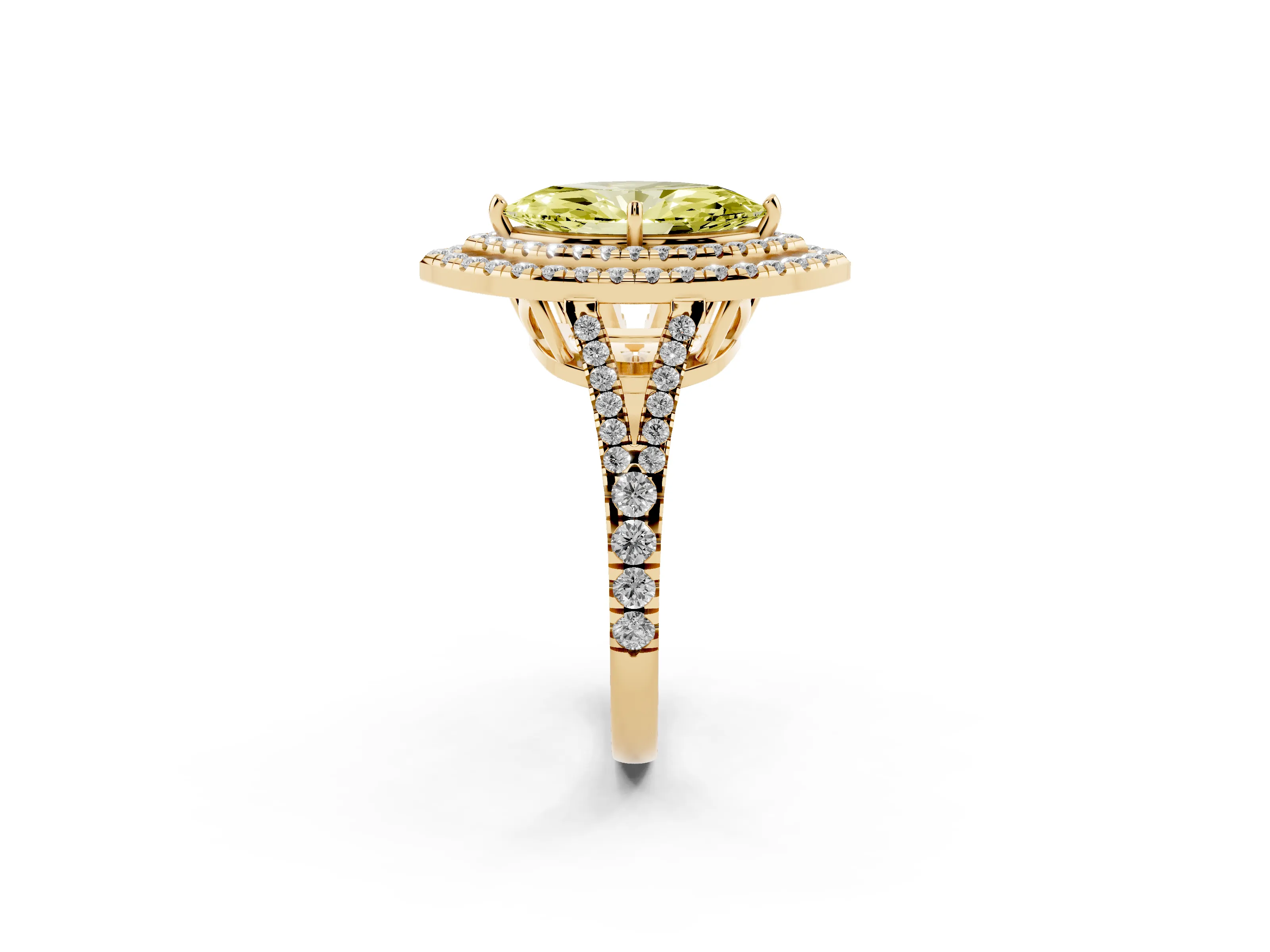 Fancy Yellow Marquise Cut Diamond Double Halo Ring Set in Yellow gold with Pavé Band