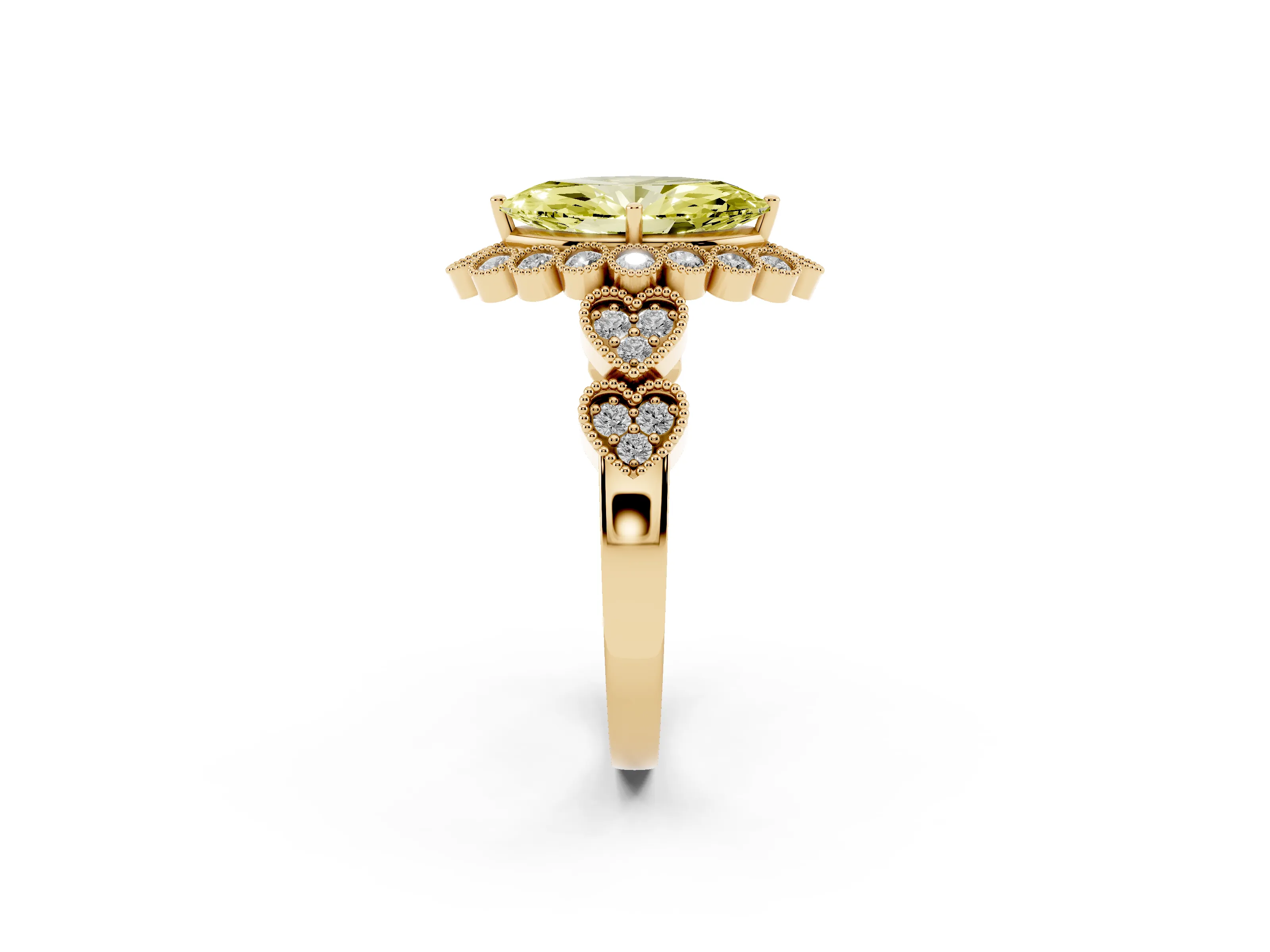 Fancy Yellow Marquise Cut Diamond Solitaire Ring Set in Yellow gold with Milgrain Pavé Heart Band