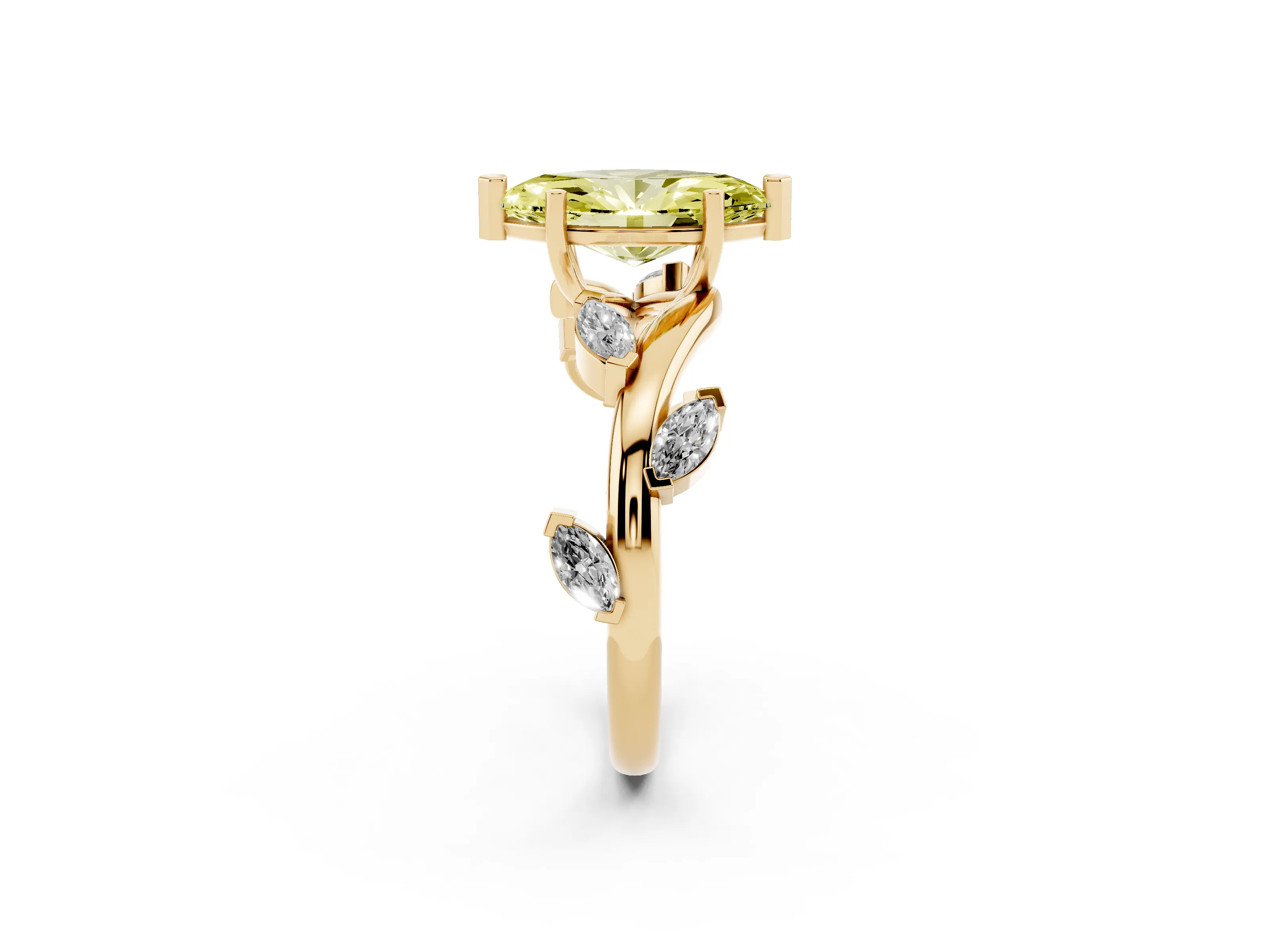 Fancy Yellow Marquise Cut Diamond Solitaire Ring Set in Yellow gold with Twisted Marquise Accent Band