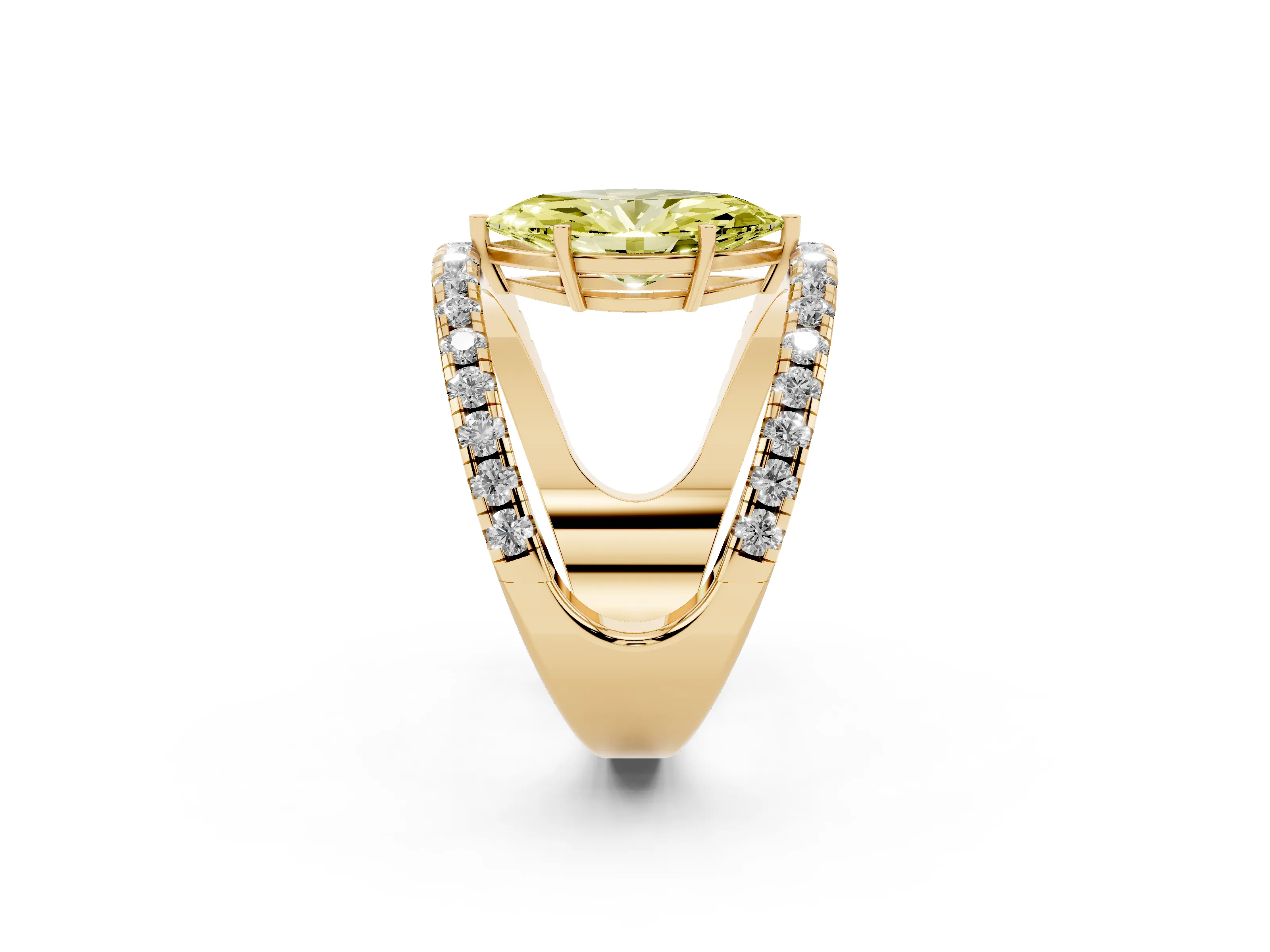 Fancy Yellow Marquise Cut Diamond Split Shank Pavé Solitaire Ring Set in Yellow gold with Open Shank Design