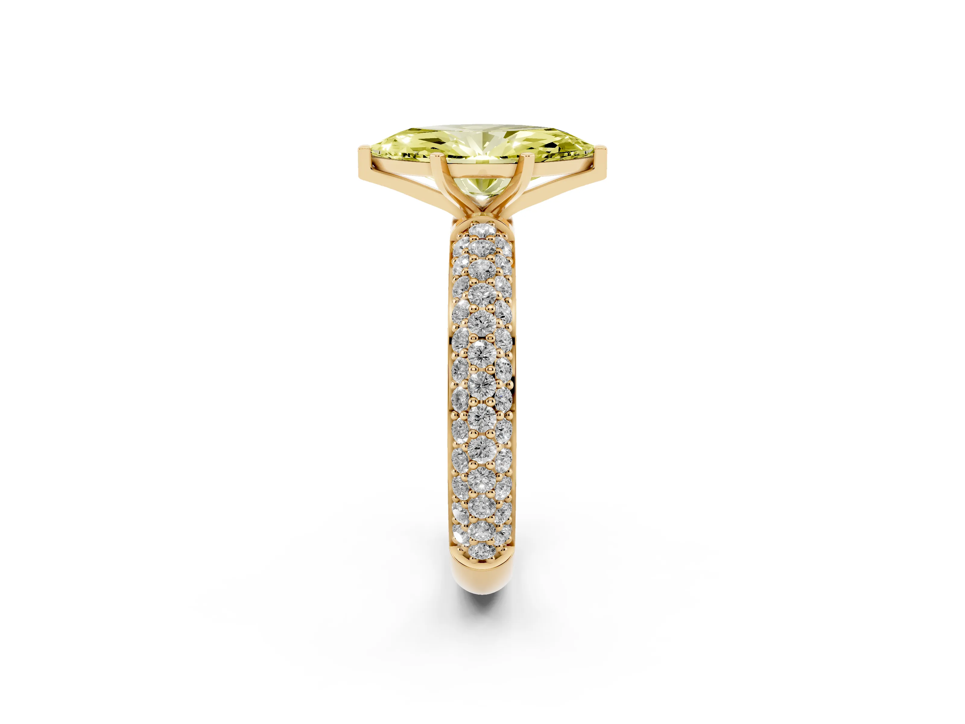 Fancy Yellow Marquise Cut Diamond Solitaire Ring Set in Yellow gold with Prong Setting and Pavé-Set Band