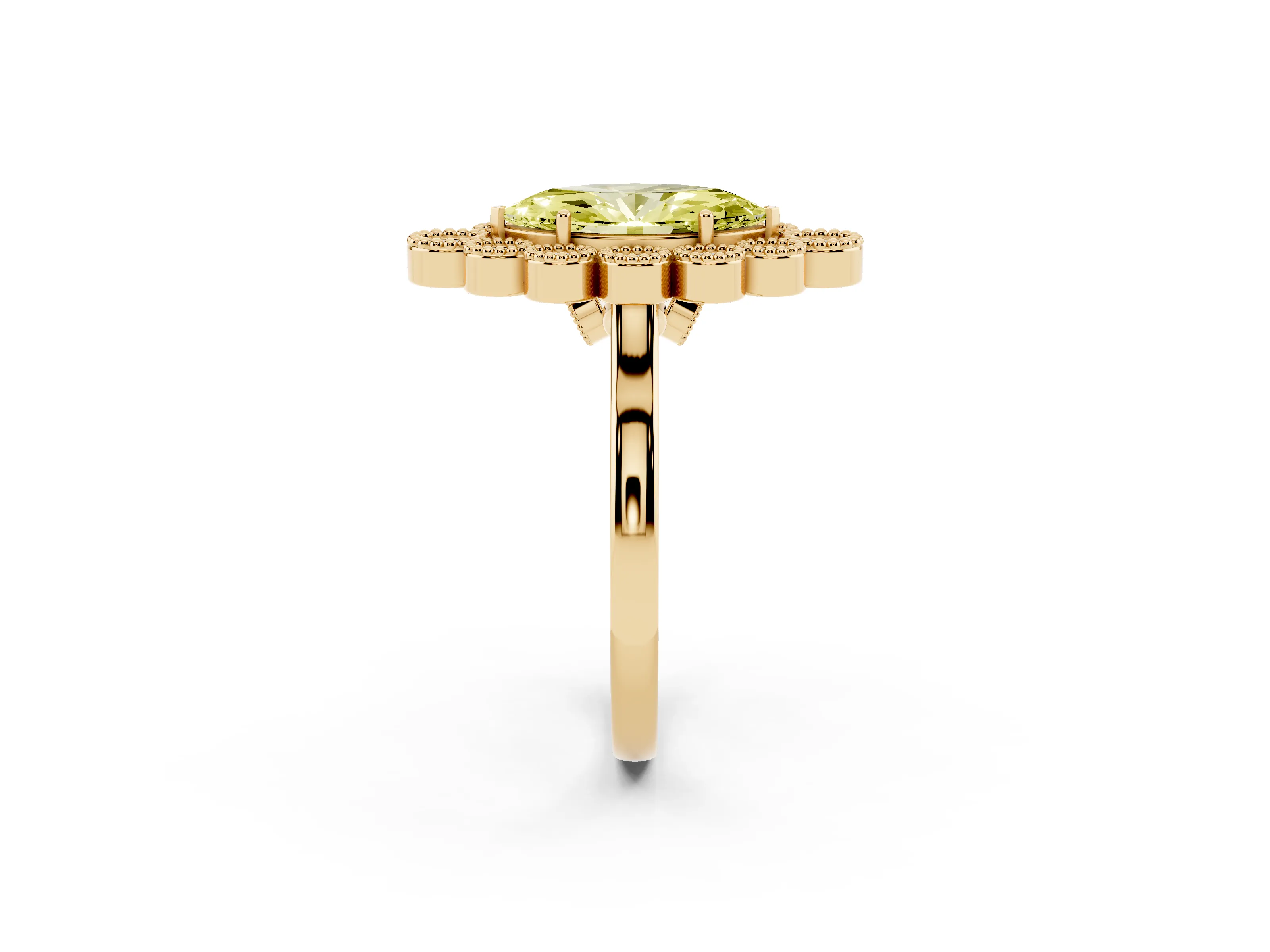 Fancy Yellow Marquise Cut Diamond Cluster Halo Ring Set in Yellow gold with Milgrain Bezel Accents and Plain Band