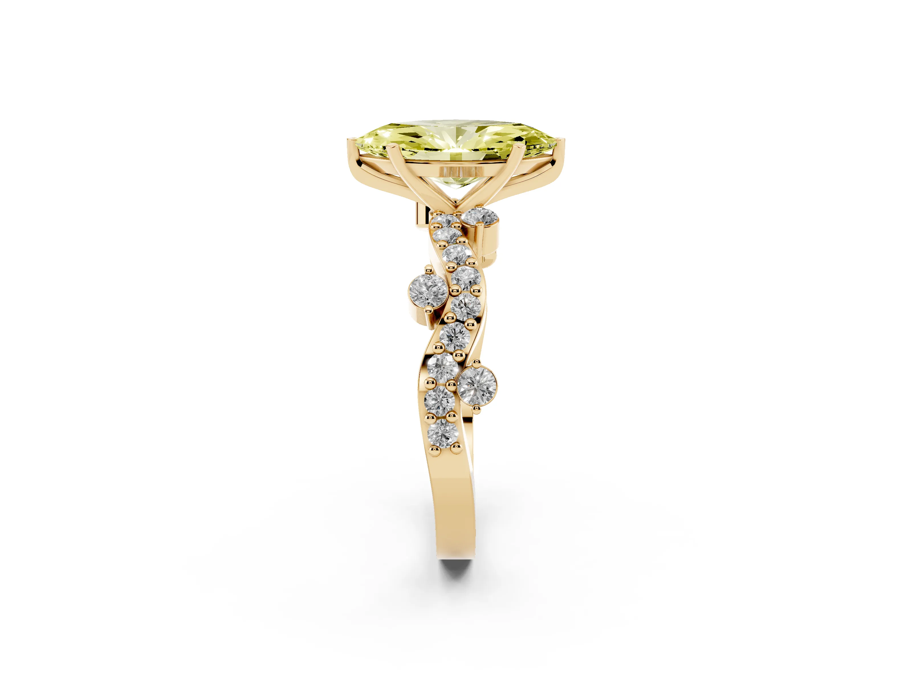 Fancy Yellow Marquise Cut Diamond Solitaire Twisted Band Set in Yellow gold with Pavé Setting