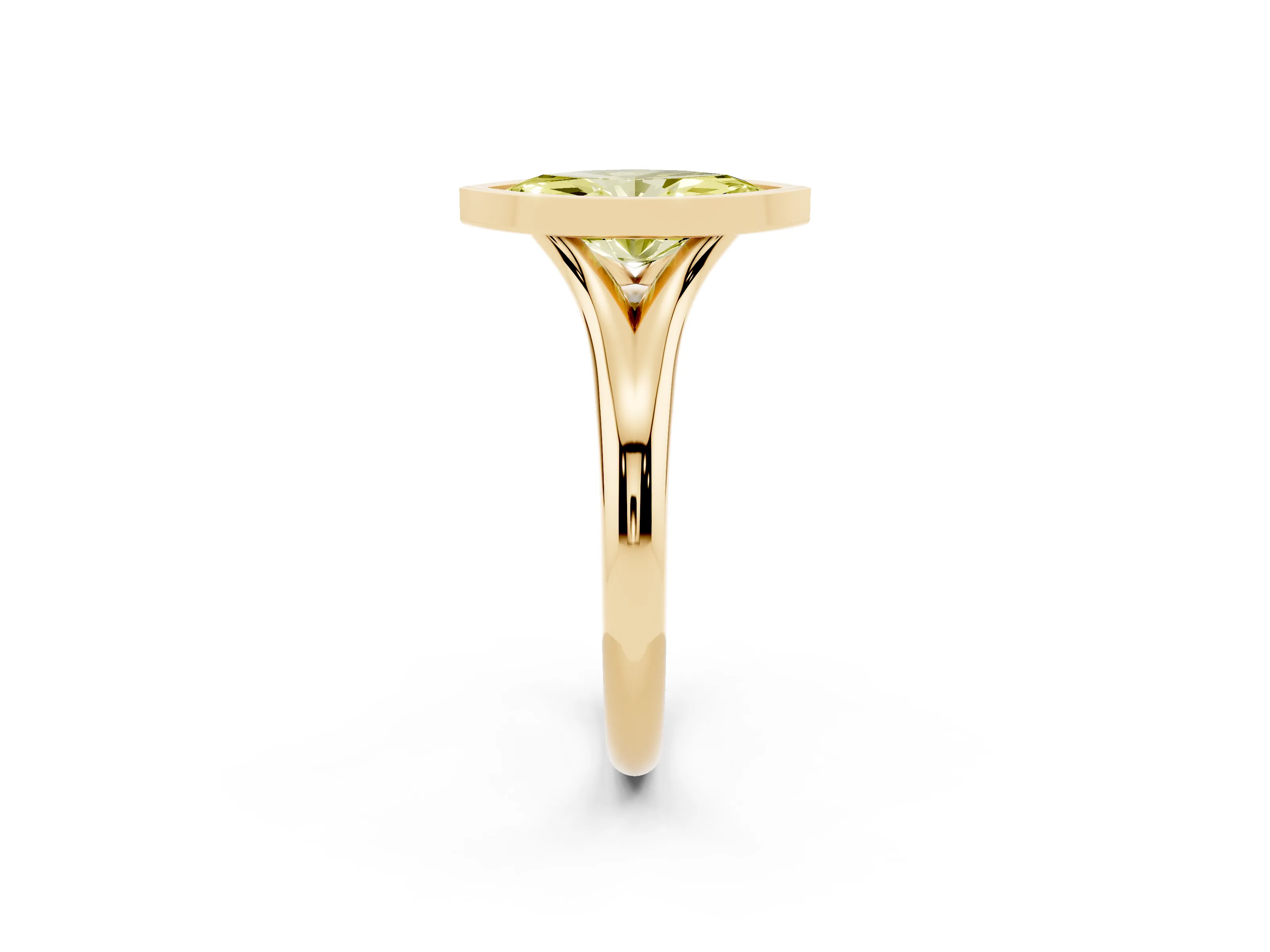 Fancy Yellow Bezel Set Marquise Cut Diamond Solitaire Ring Set in Yellow gold with Smooth Band