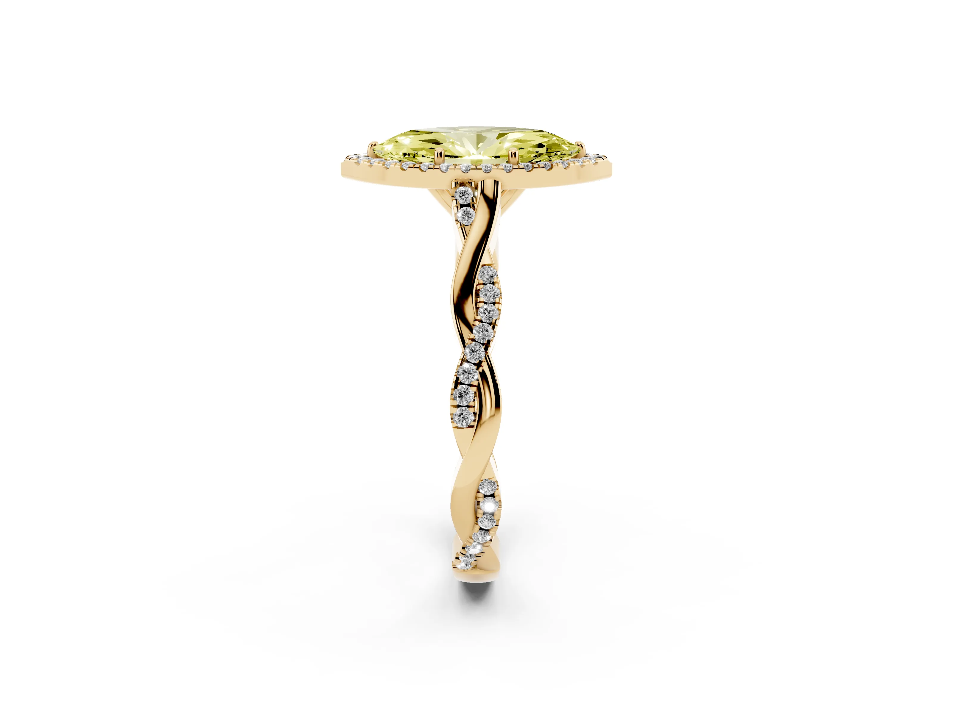 Fancy Yellow Marquise Cut Diamond Halo Twist Band Solitaire Ring Set in Yellow gold with Prong Setting