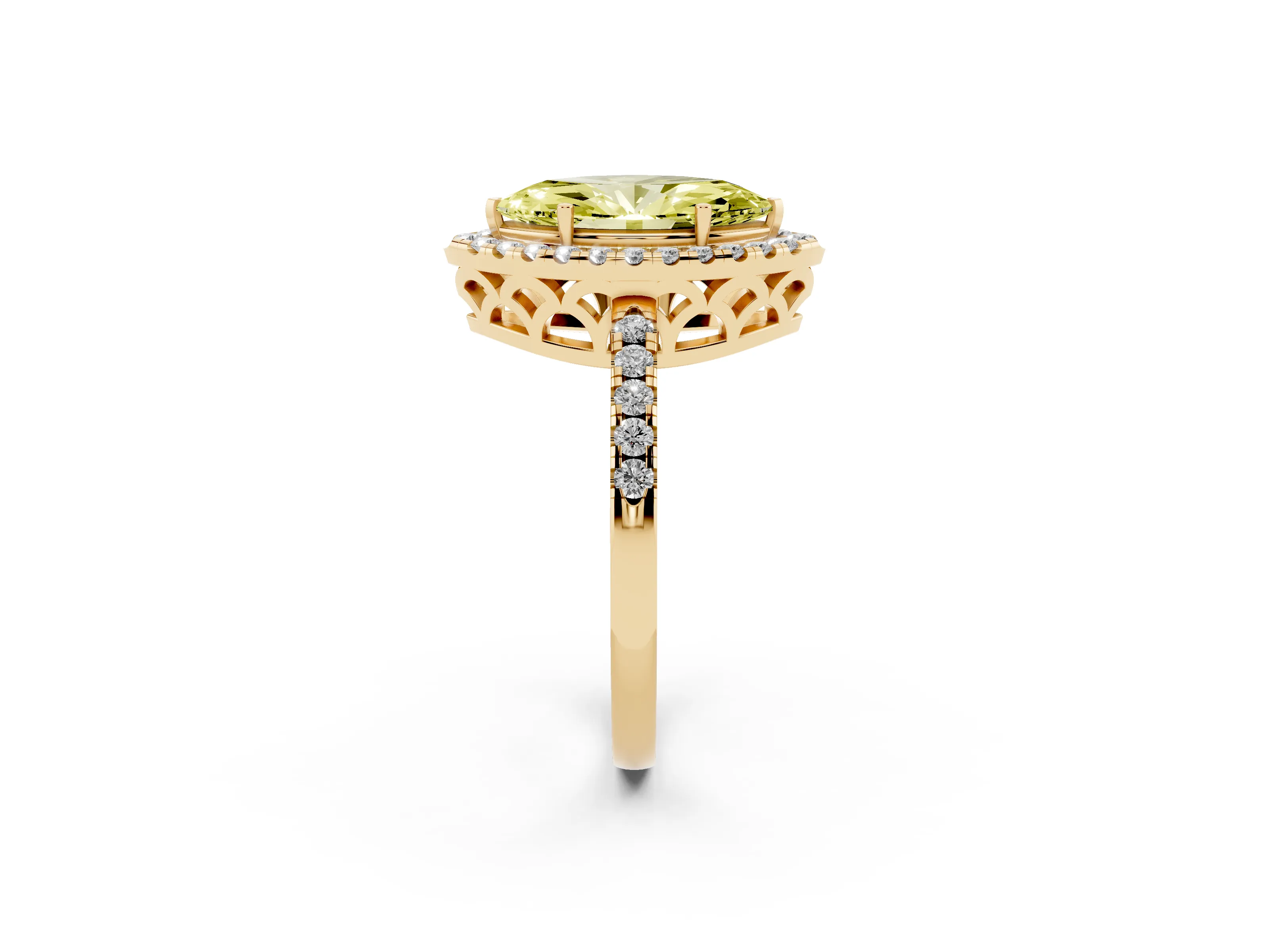 Fancy Yellow Marquise Cut Diamond Pavé Band Halo Engagement Ring Set in Yellow gold with Prong Setting