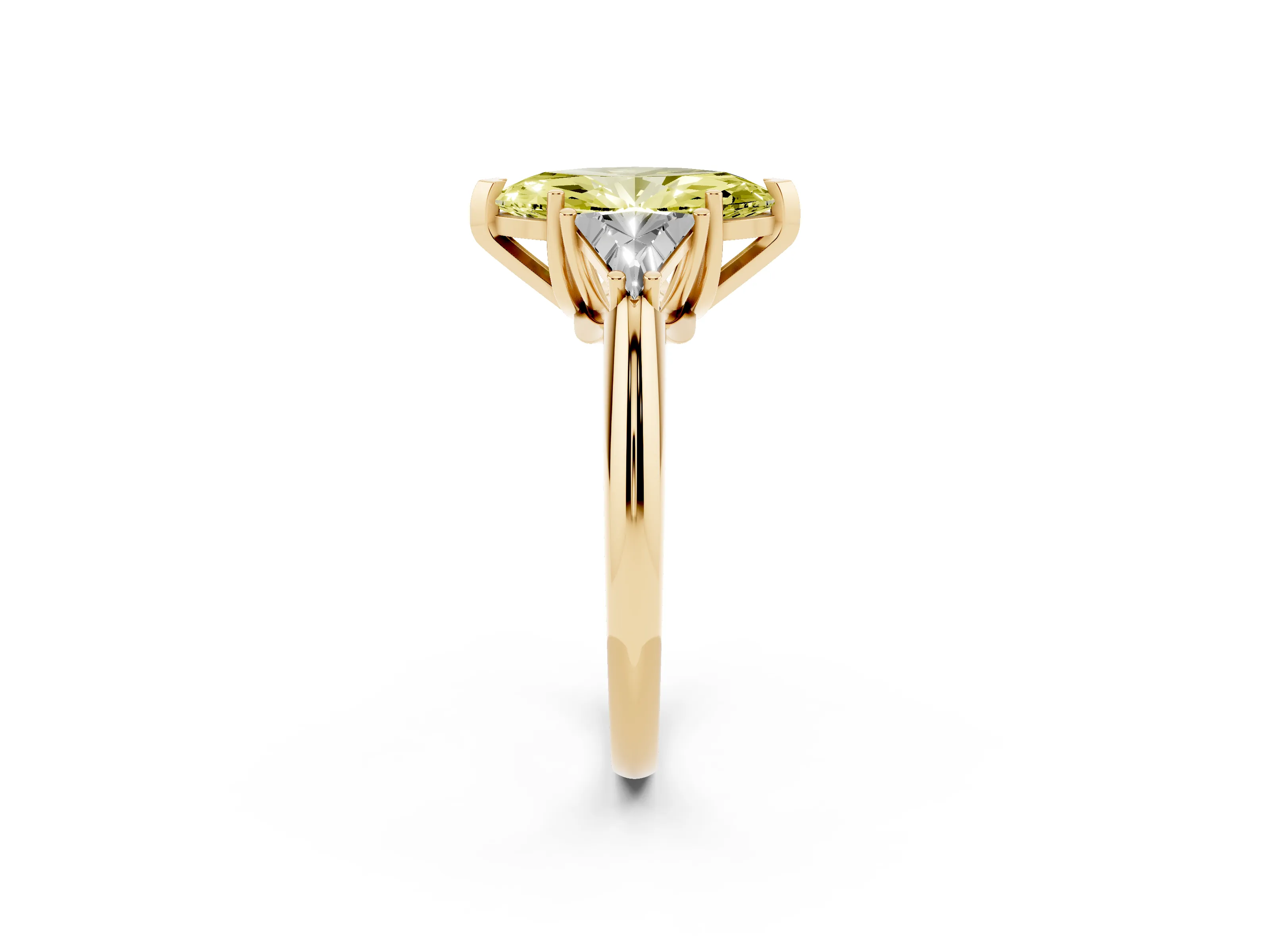 Fancy Yellow Marquise Cut Diamond Three-Stone Engagement Ring Set in Yellow gold with Trillion Side Stones
