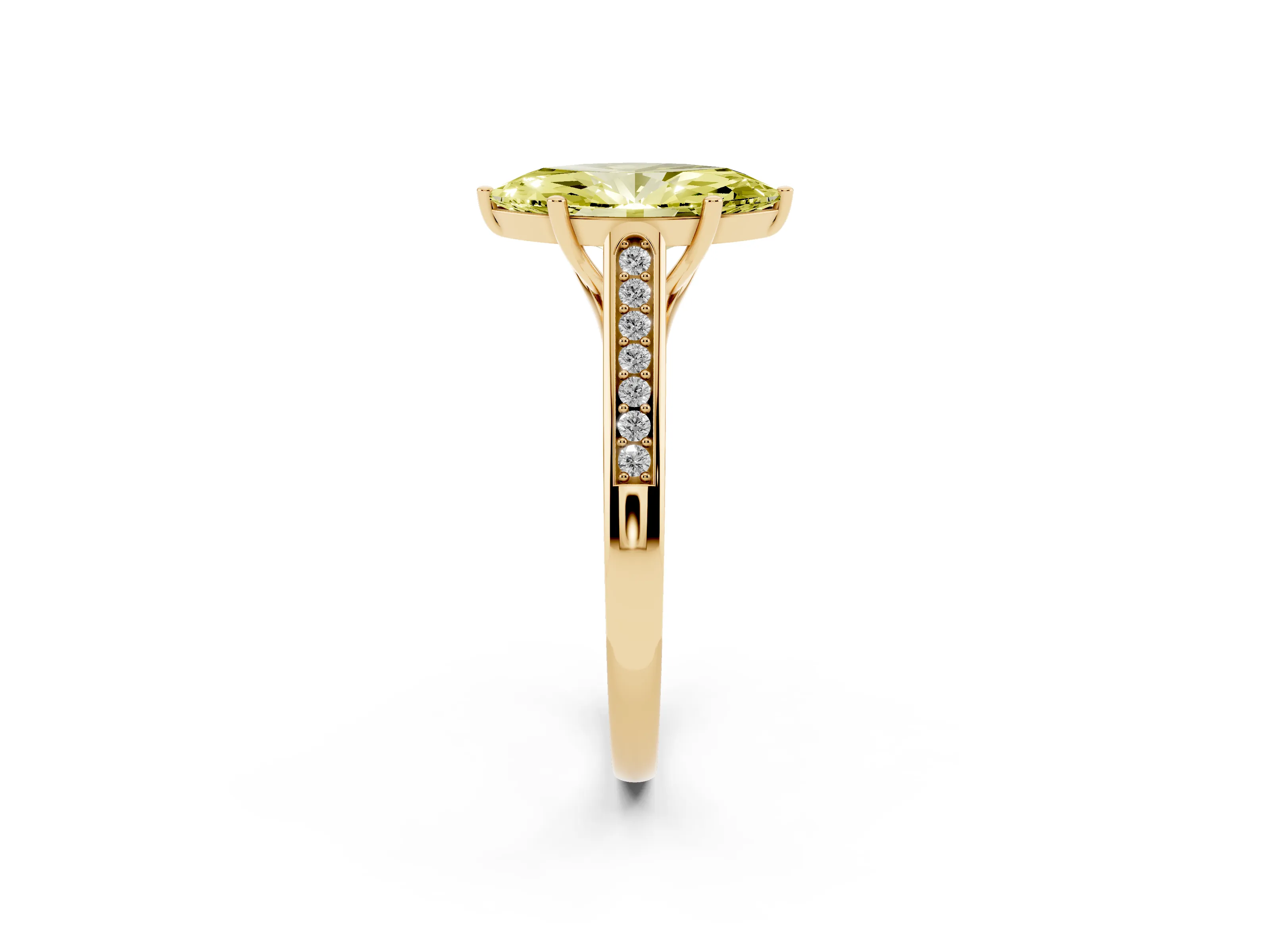 Fancy Yellow Marquise Cut Diamond Solitaire Cathedral Engagement Ring Set in Yellow gold with Channel-Set Band and Prong Setting