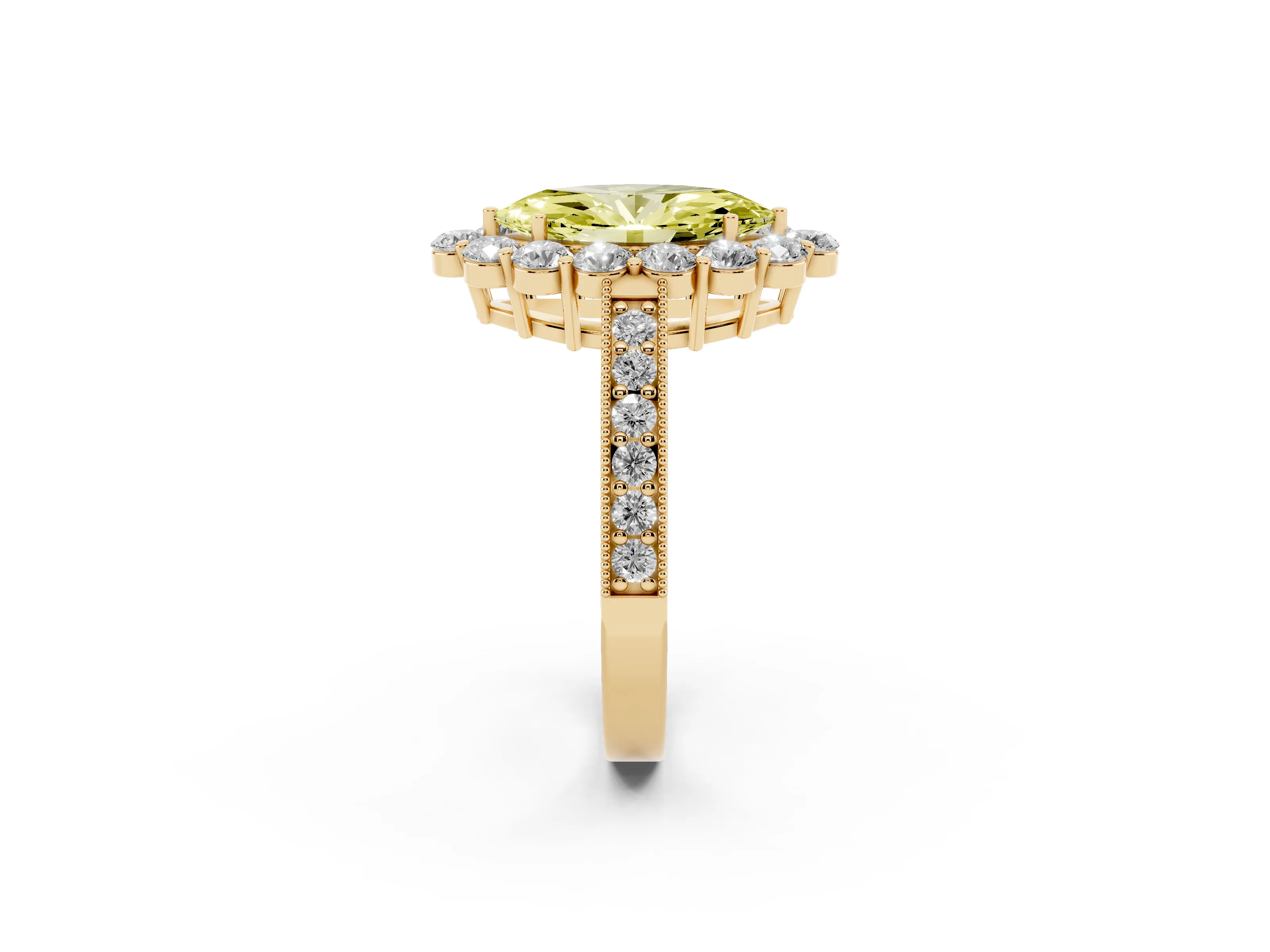 Fancy Yellow Marquise Cut Diamond Halo Pavé Engagement Ring Set in Yellow gold with Milgrain Detailing