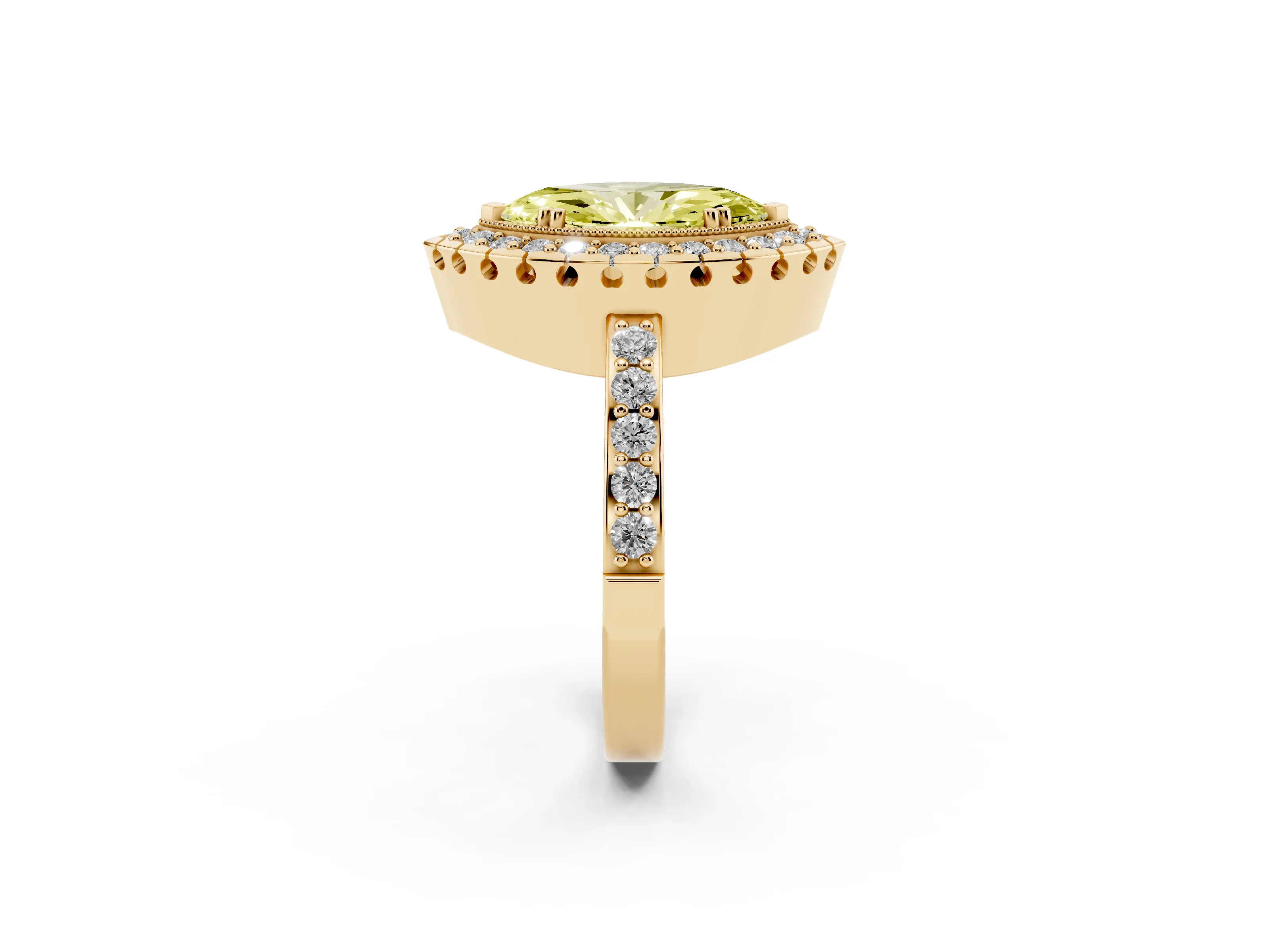 Fancy Yellow Marquise Cut Diamond Halo Ring Set in Yellow gold with Pavé Shank and Prong Setting