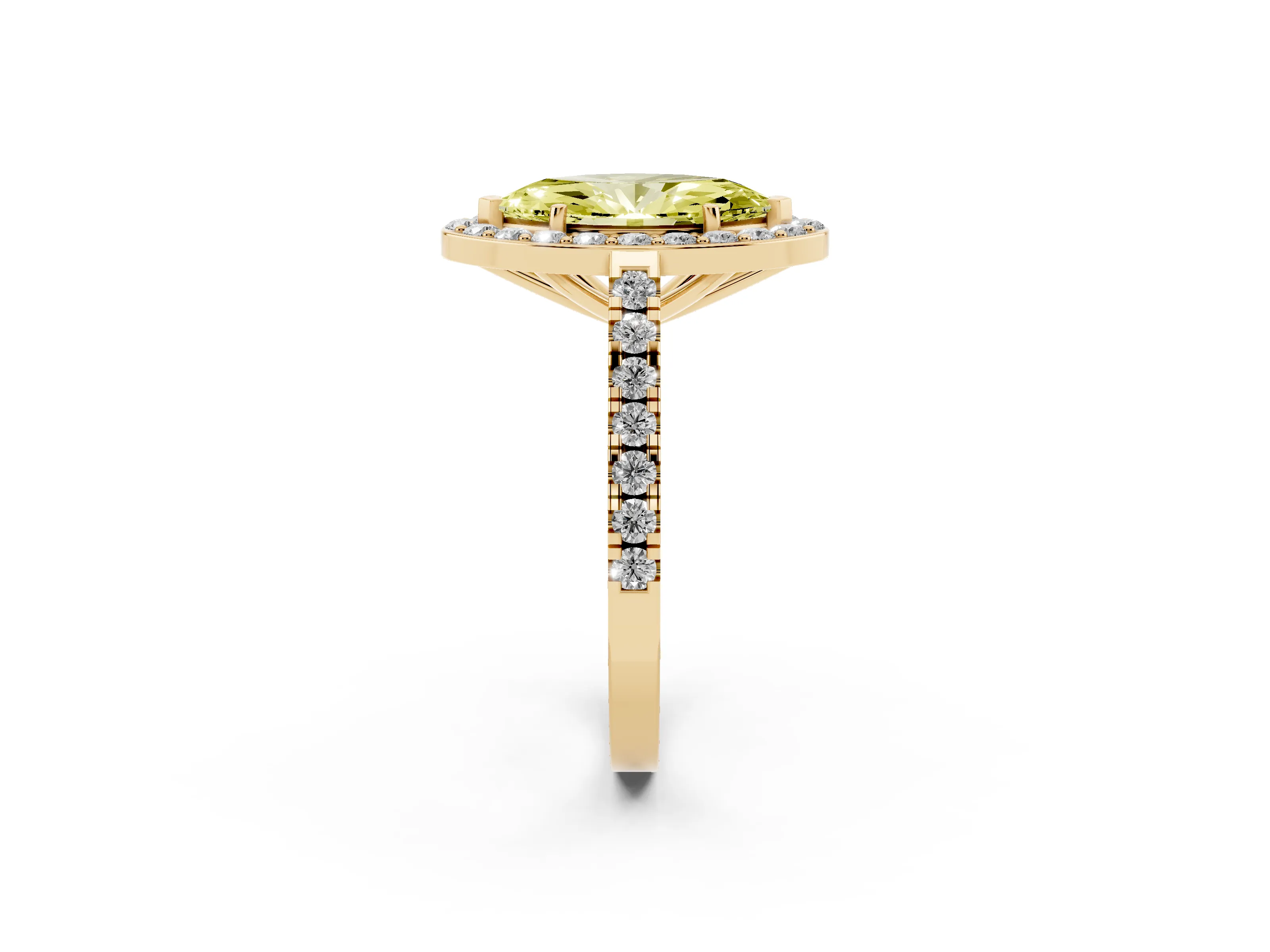 Fancy Yellow Marquise Cut Diamond Halo Ring Set in Yellow gold with Round Pavé Split Shank and Prong Setting