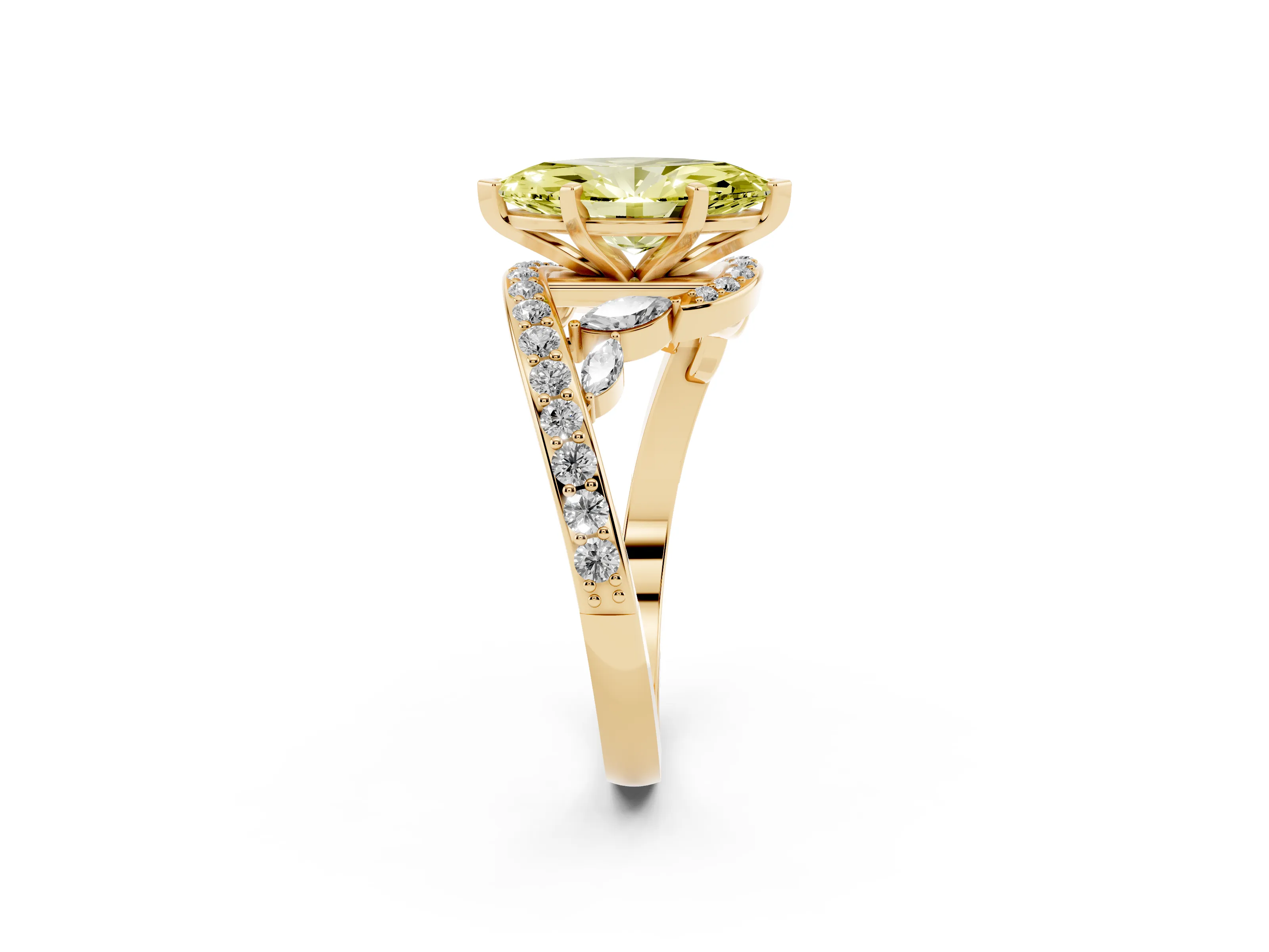 Fancy Yellow Marquise Cut Diamond Solitaire Ring Set in Yellow gold with Pavé Twist Band and Secure Prong Setting