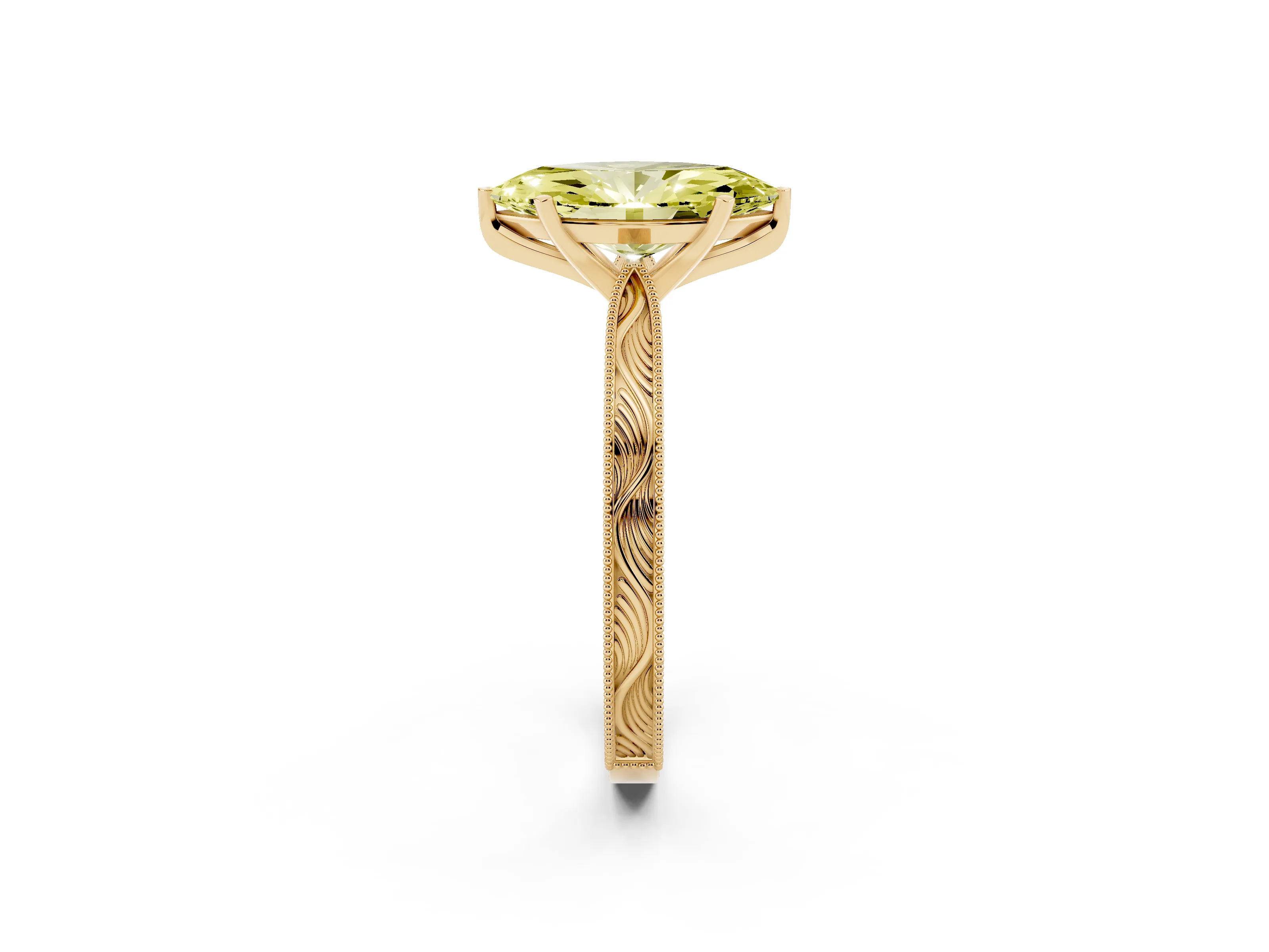 Fancy Yellow Marquise Cut Diamond Solitaire Milgrain Engraved Band Set in Yellow gold with Prong Setting