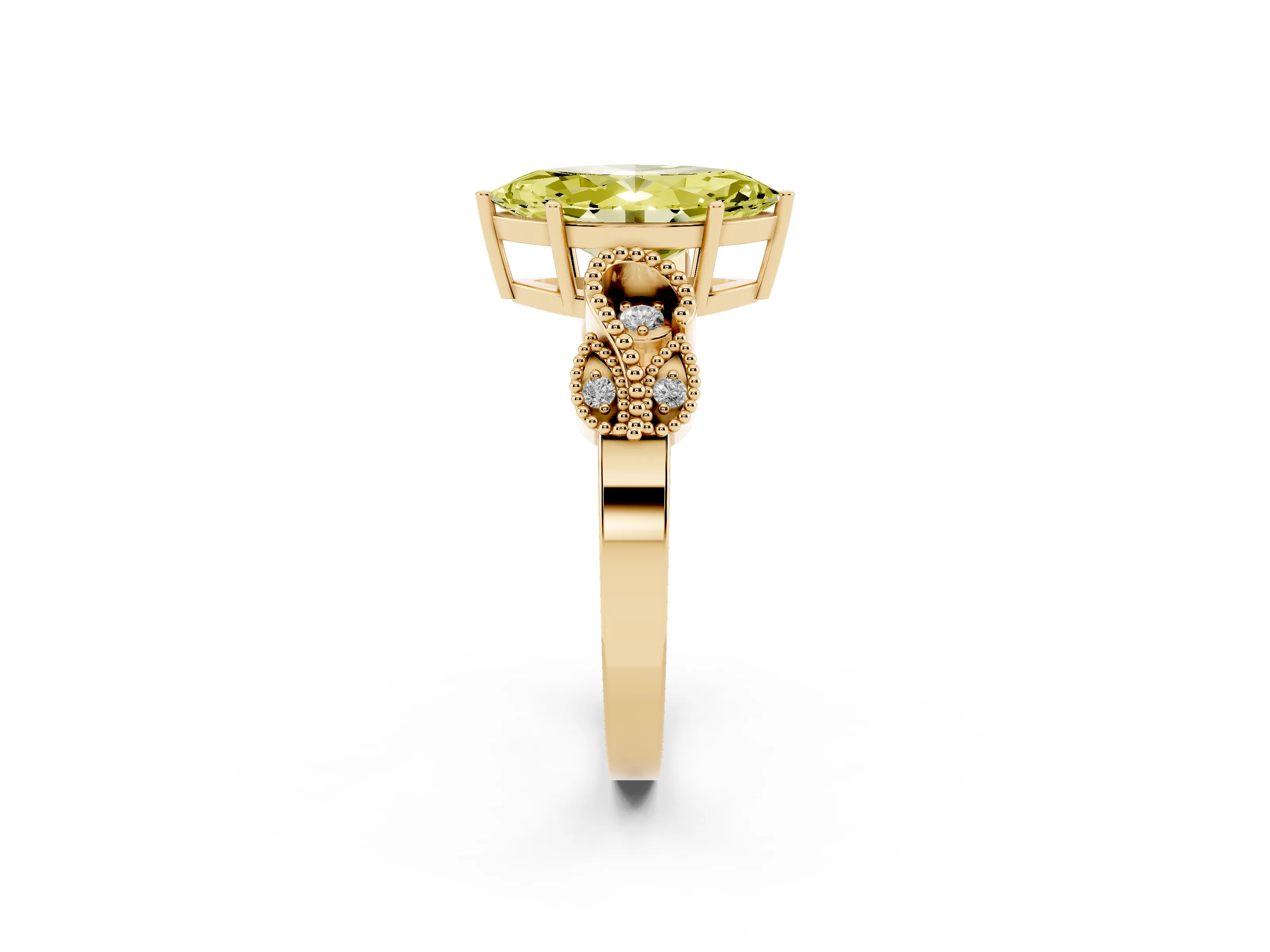 Fancy Yellow Marquise Cut Diamond Milgrain Leaf Band Solitaire Ring Set in Yellow gold with Accent Stones and Prong Setting