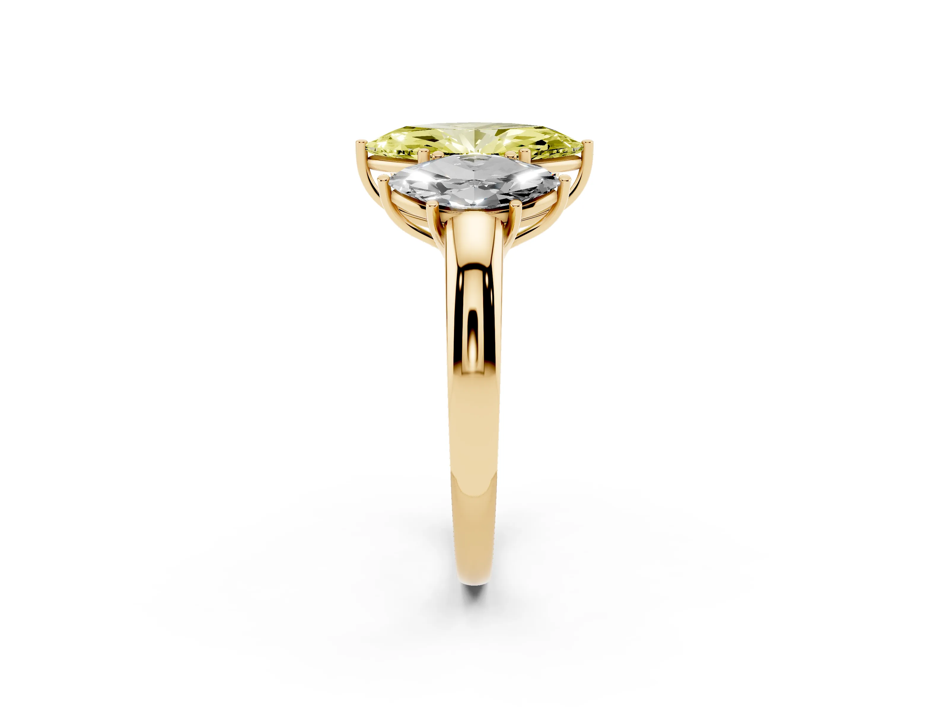 Fancy Yellow Marquise Cut Diamond Three-Stone Ring Set in Yellow gold with Bold Center and Classic Band