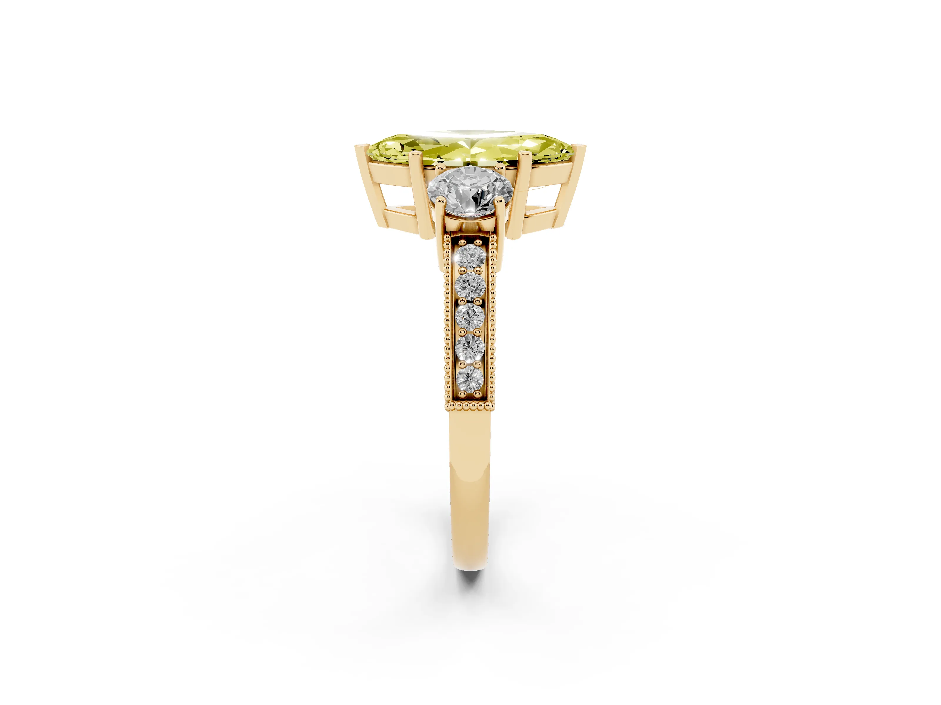 Fancy Yellow Marquise Cut Diamond Three-Stone Ring Set in Yellow gold with Round Side Stones and Pavé Band