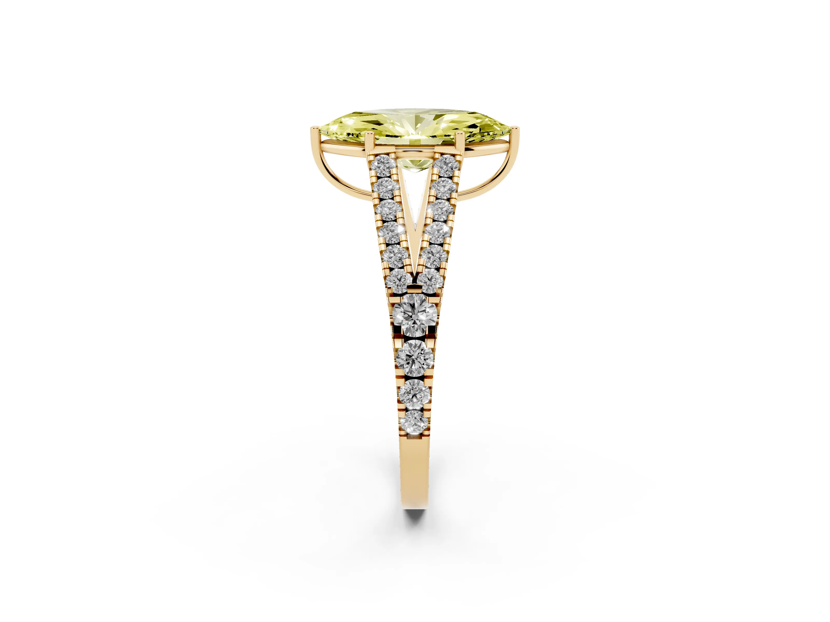 Fancy Yellow Marquise Cut Diamond Split Shank Pavé Engagement Ring Set in Yellow gold with Prong-Held Center Stone