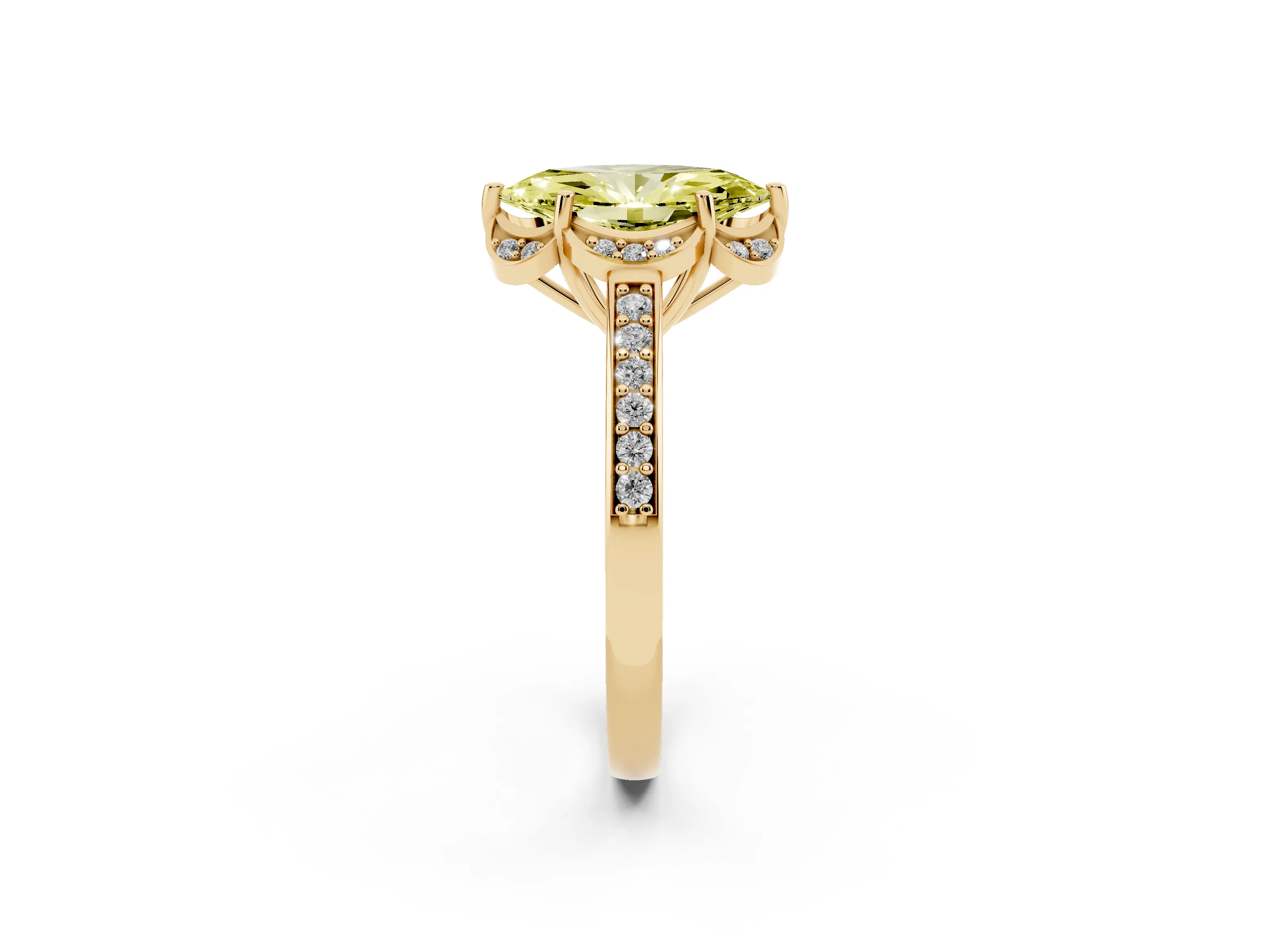 Fancy Yellow Marquise Cut Diamond Halo Ring Set in Yellow gold with Channel Set Band and Prong Setting