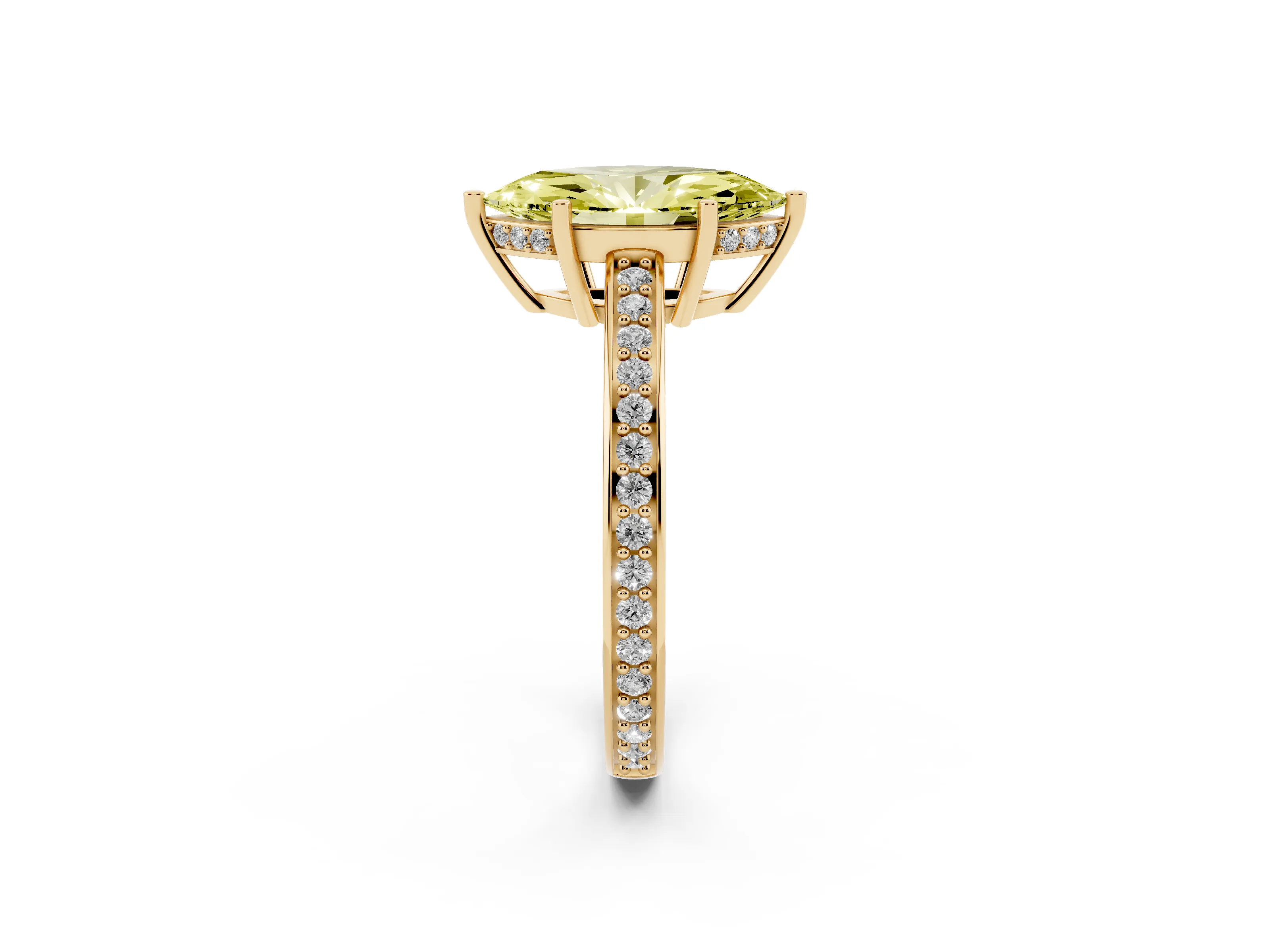 Fancy Yellow Marquise Cut Diamond Pavé Band Prong Set Solitaire Ring Set in Yellow gold