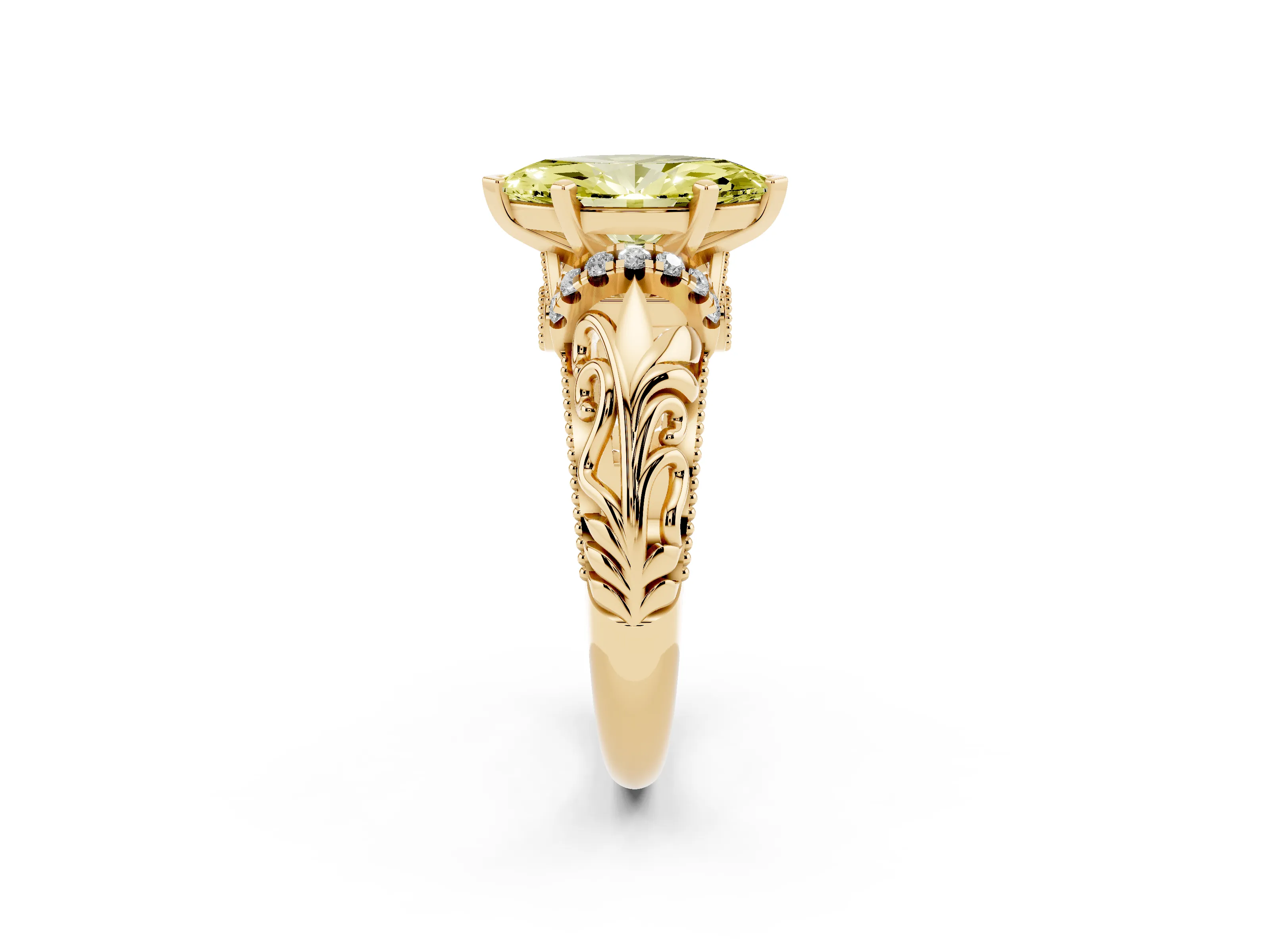 Fancy Yellow Marquise Cut Diamond Filigree Halo Engagement Ring Set in Yellow gold with Prong Setting