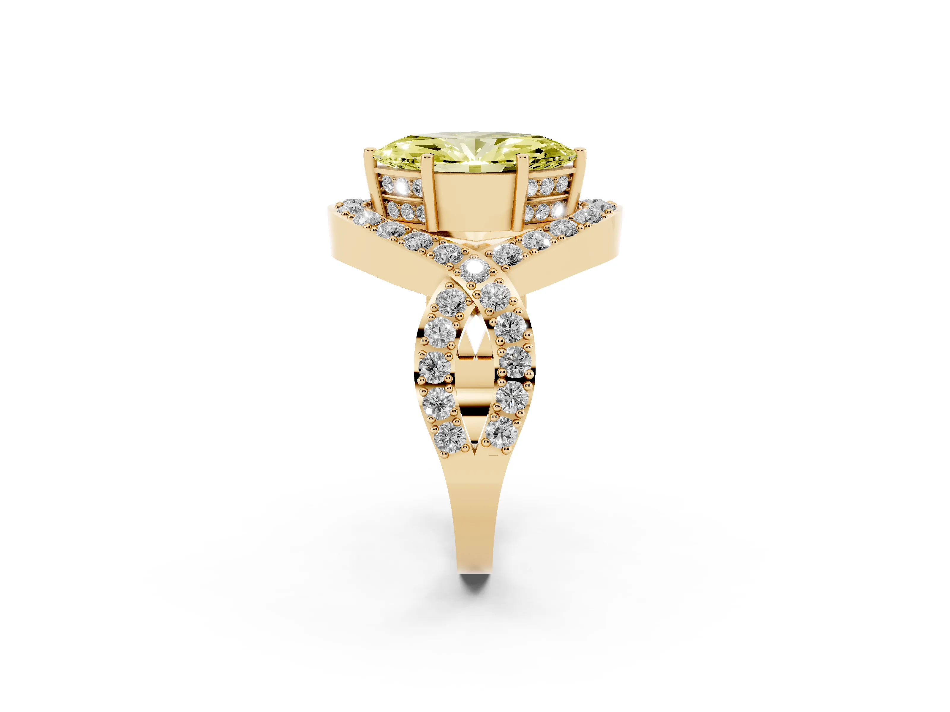 Fancy Yellow Marquise Cut Diamond Solitaire Twist Band Pavé Engagement Ring Set in Yellow gold