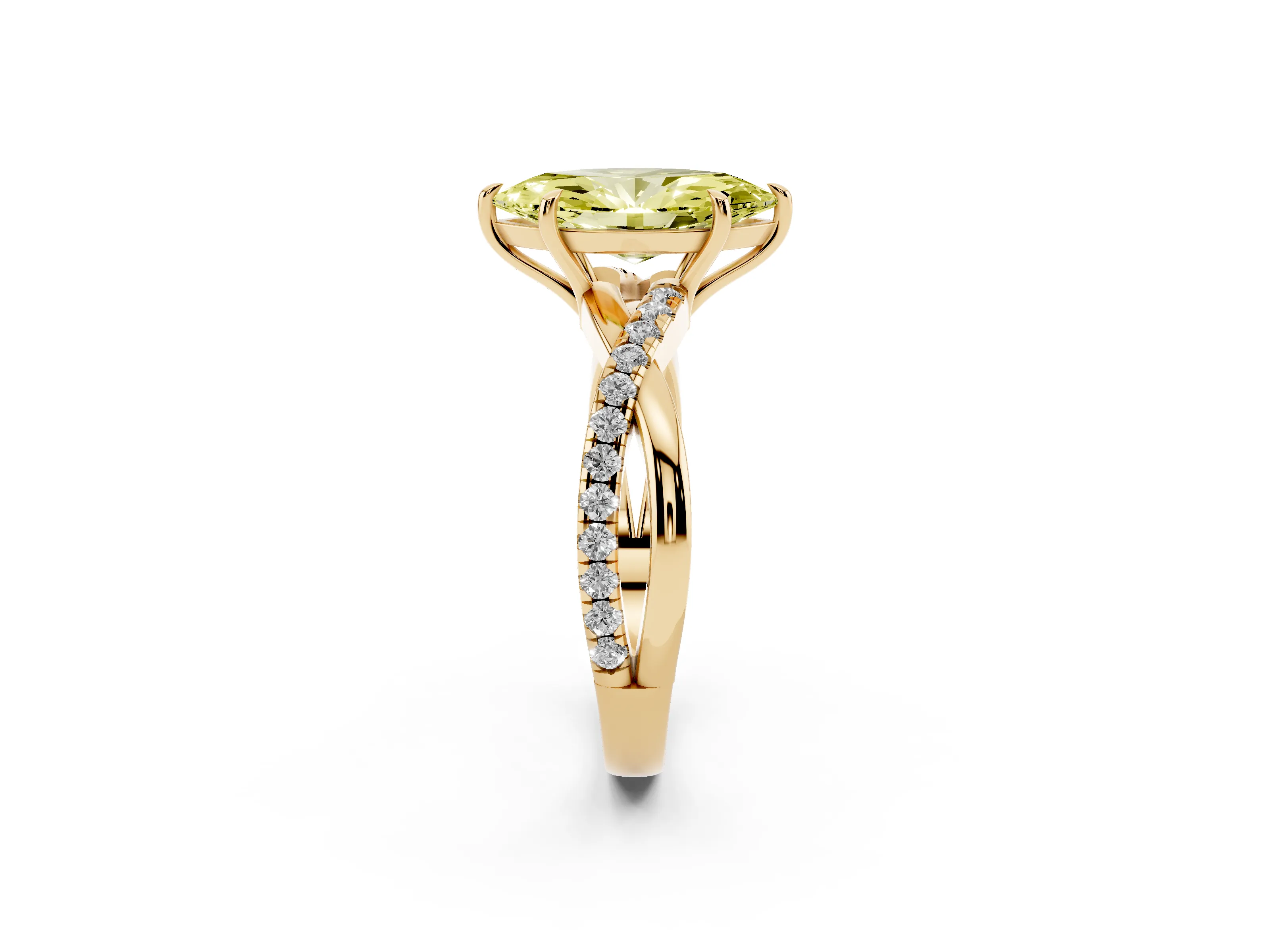 Fancy Yellow Marquise Cut Diamond Twisted Pavé Band Ring Set in Yellow gold with Prong Setting
