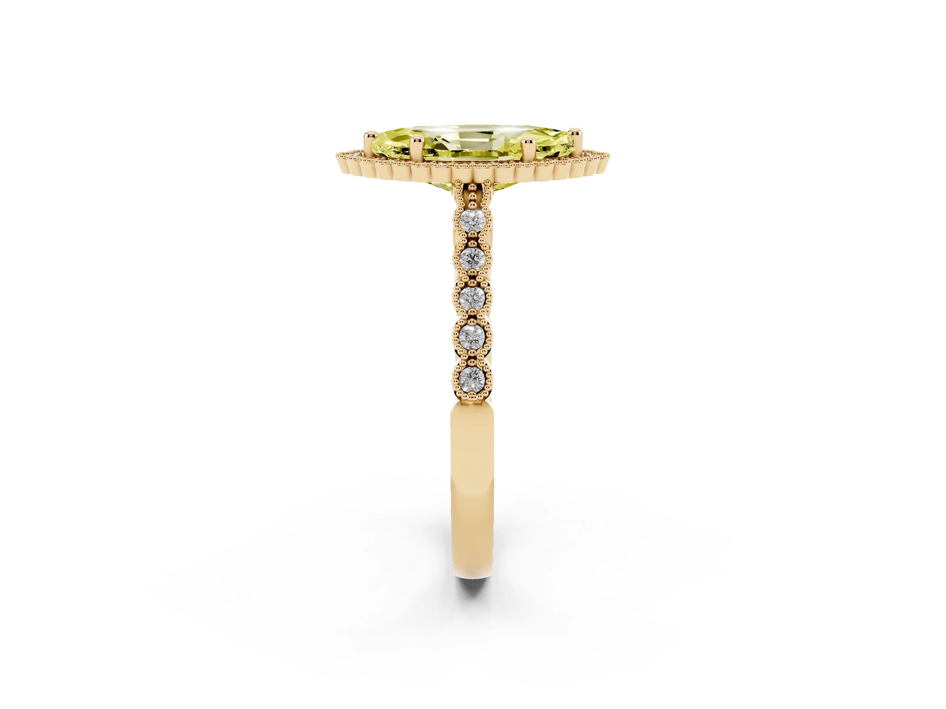 Fancy Yellow Marquise Cut Diamond Halo Ring Set in Yellow gold with Pavé Milgrain Band