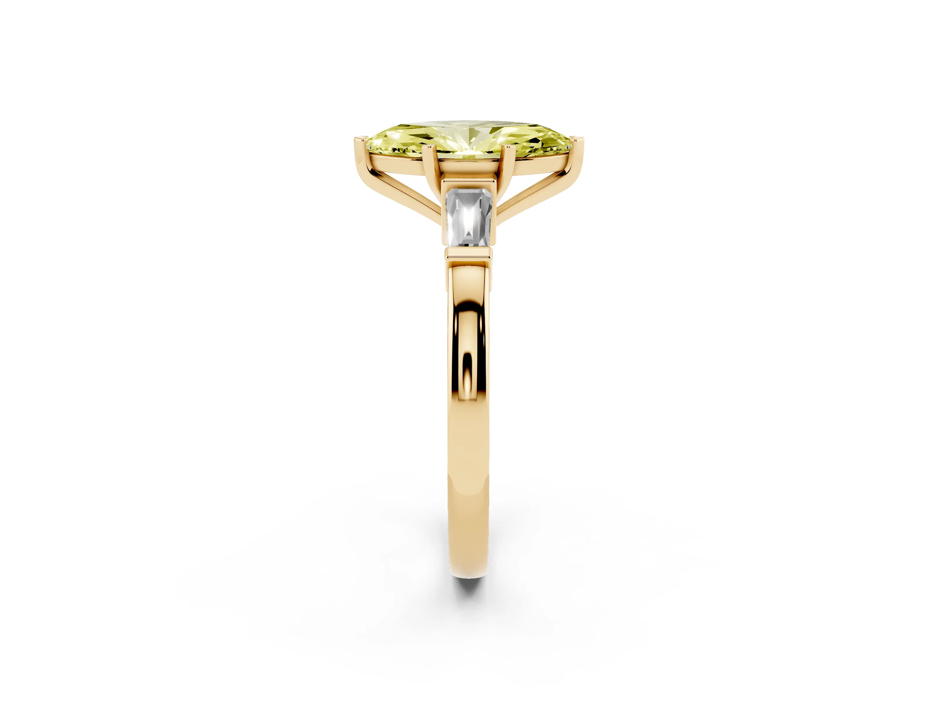 Fancy Yellow Marquise Cut Diamond Solitaire Ring Set in Yellow gold with Tapered Baguette Accents and Prong Setting