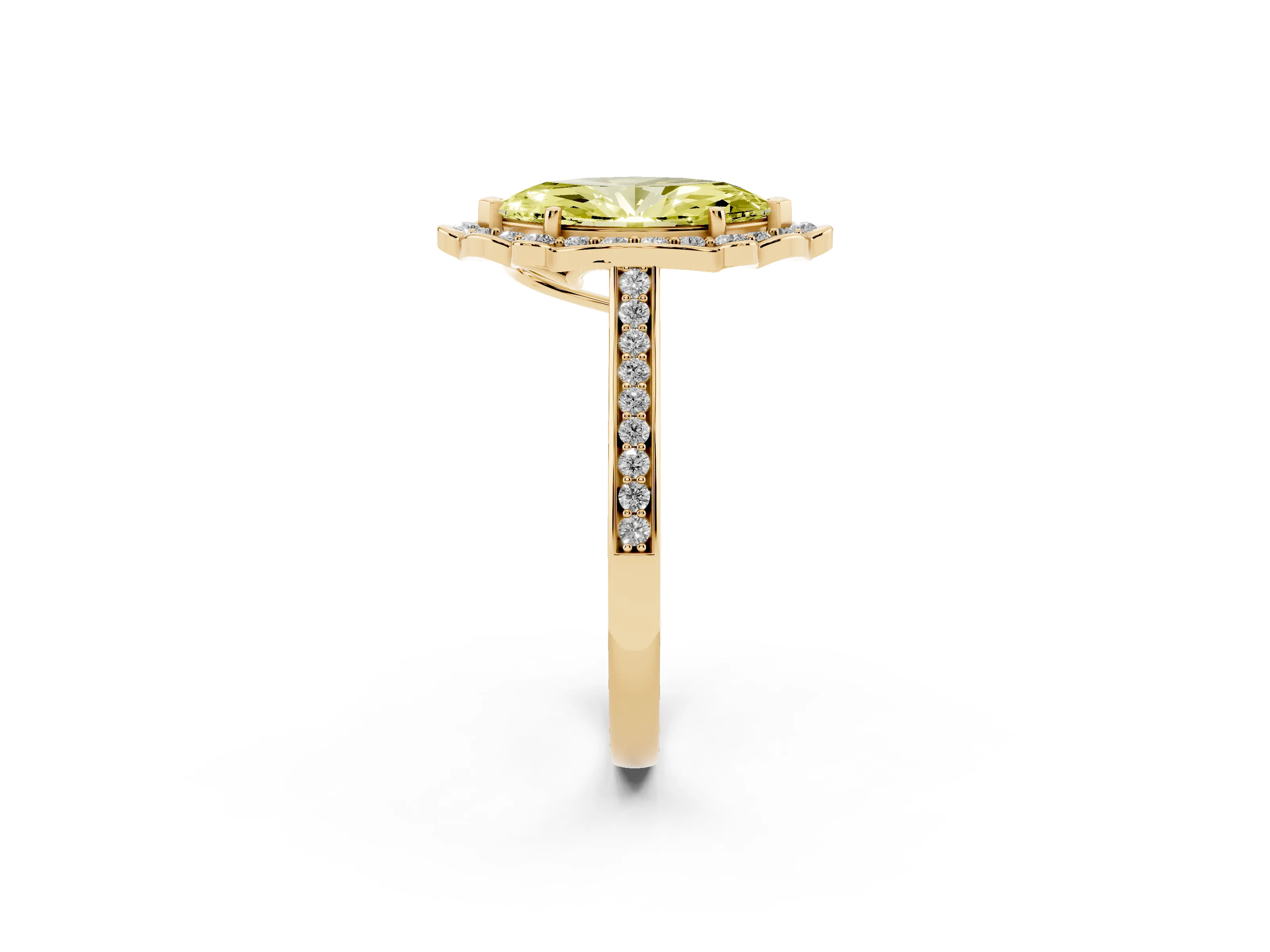 Fancy Yellow Marquise Cut Diamond Halo Ring Set in Yellow gold with Pavé-Lined Shoulders and Prong Setting