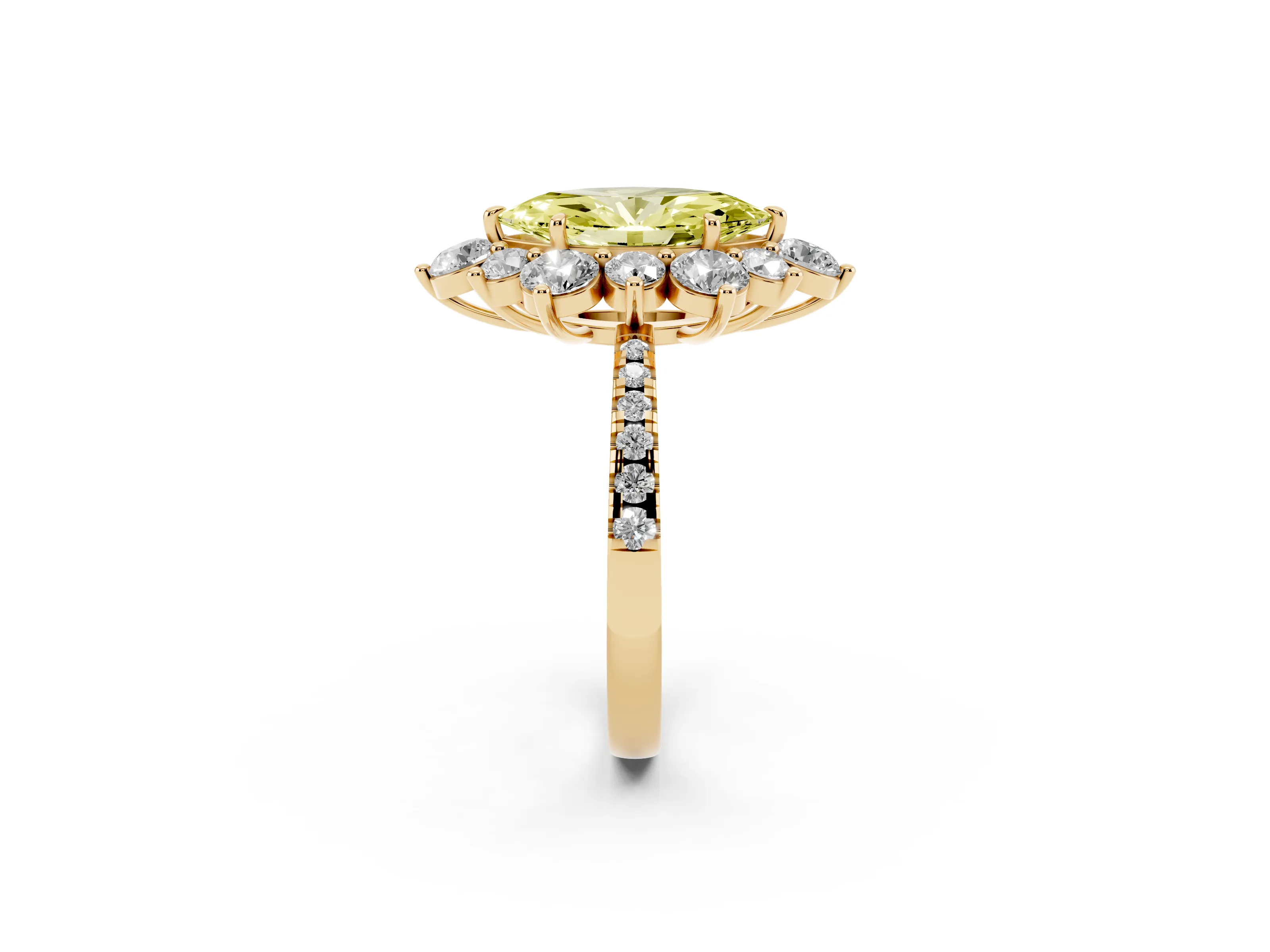 Fancy Yellow Marquise Cut Diamond Floral Halo Ring Set in Yellow gold with Round Pavé Band and Prong Setting