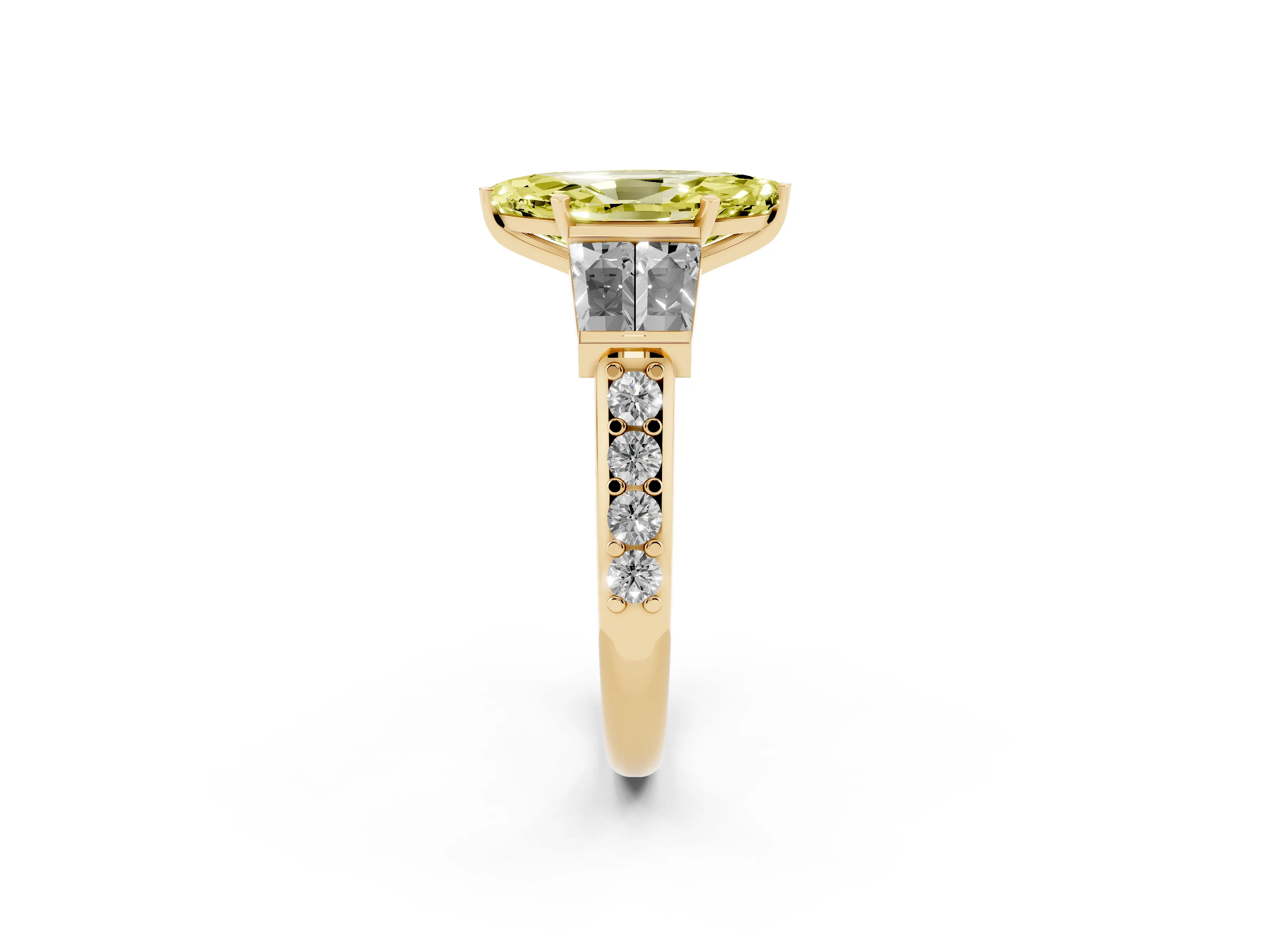 Fancy Yellow Marquise Cut Diamond Engagement Ring Set in Yellow gold with Baguette Side Stones and Channel Set Band