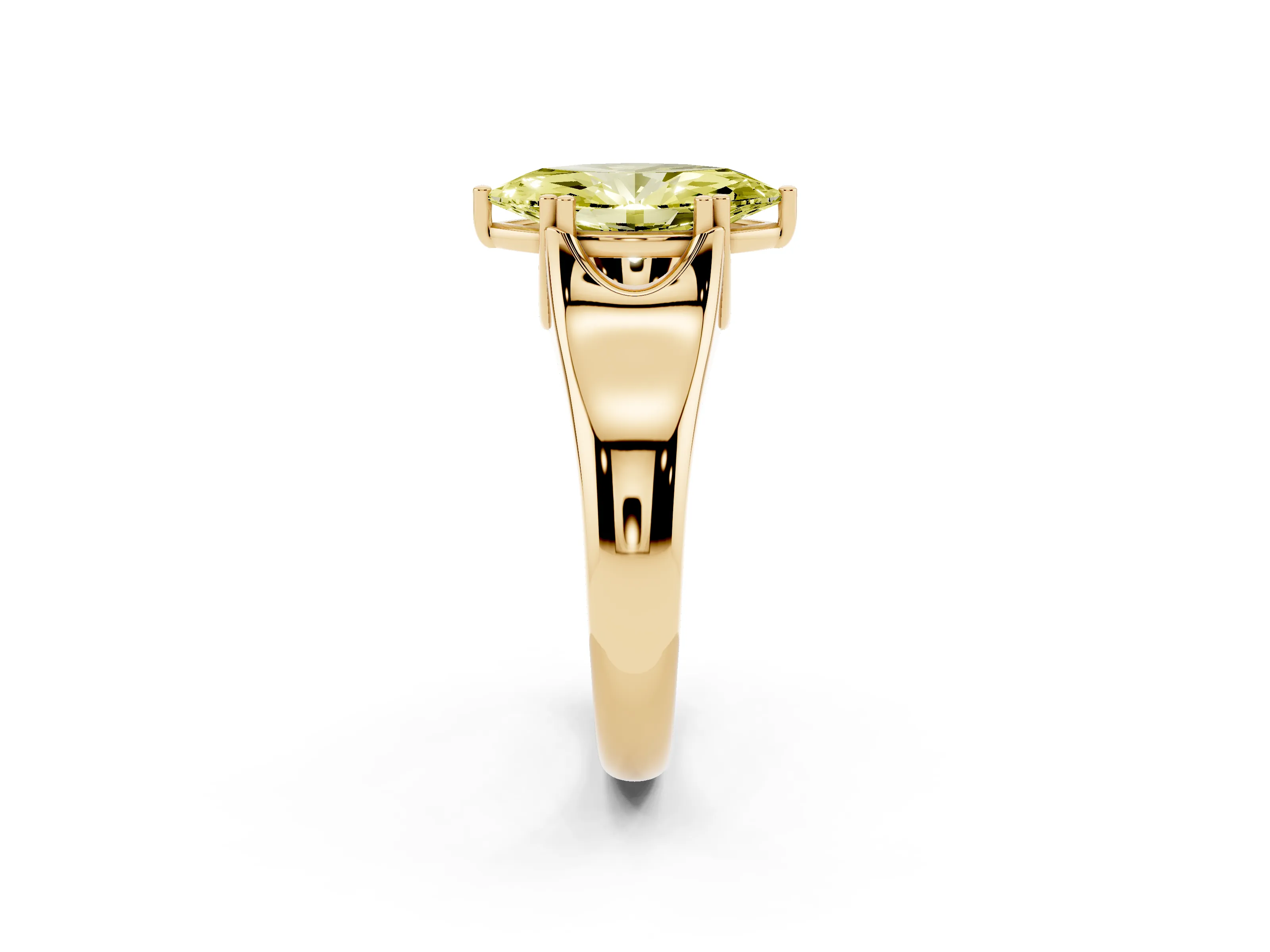 Fancy Yellow Marquise Cut Diamond Solitaire Ring Set in Yellow gold with Wide Band and Prong Setting