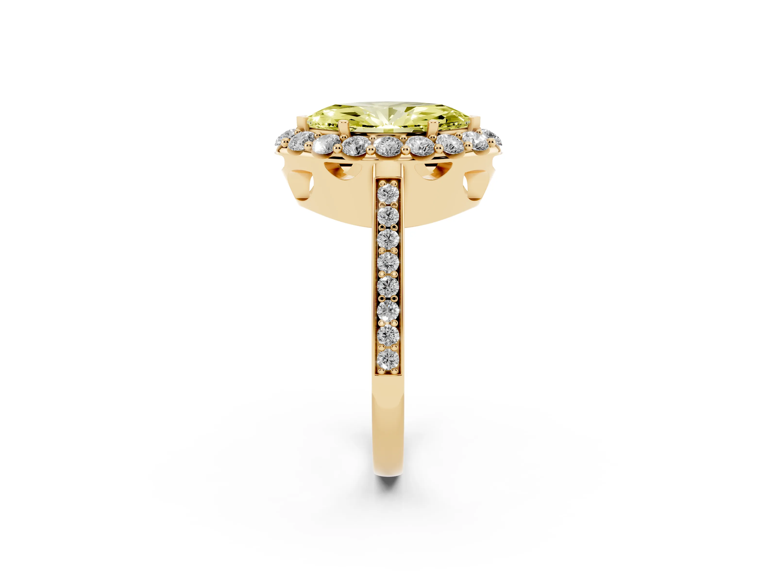 Fancy Yellow Marquise Cut Diamond Floral Halo Ring Set in Yellow gold with Pavé Band and Prong Setting