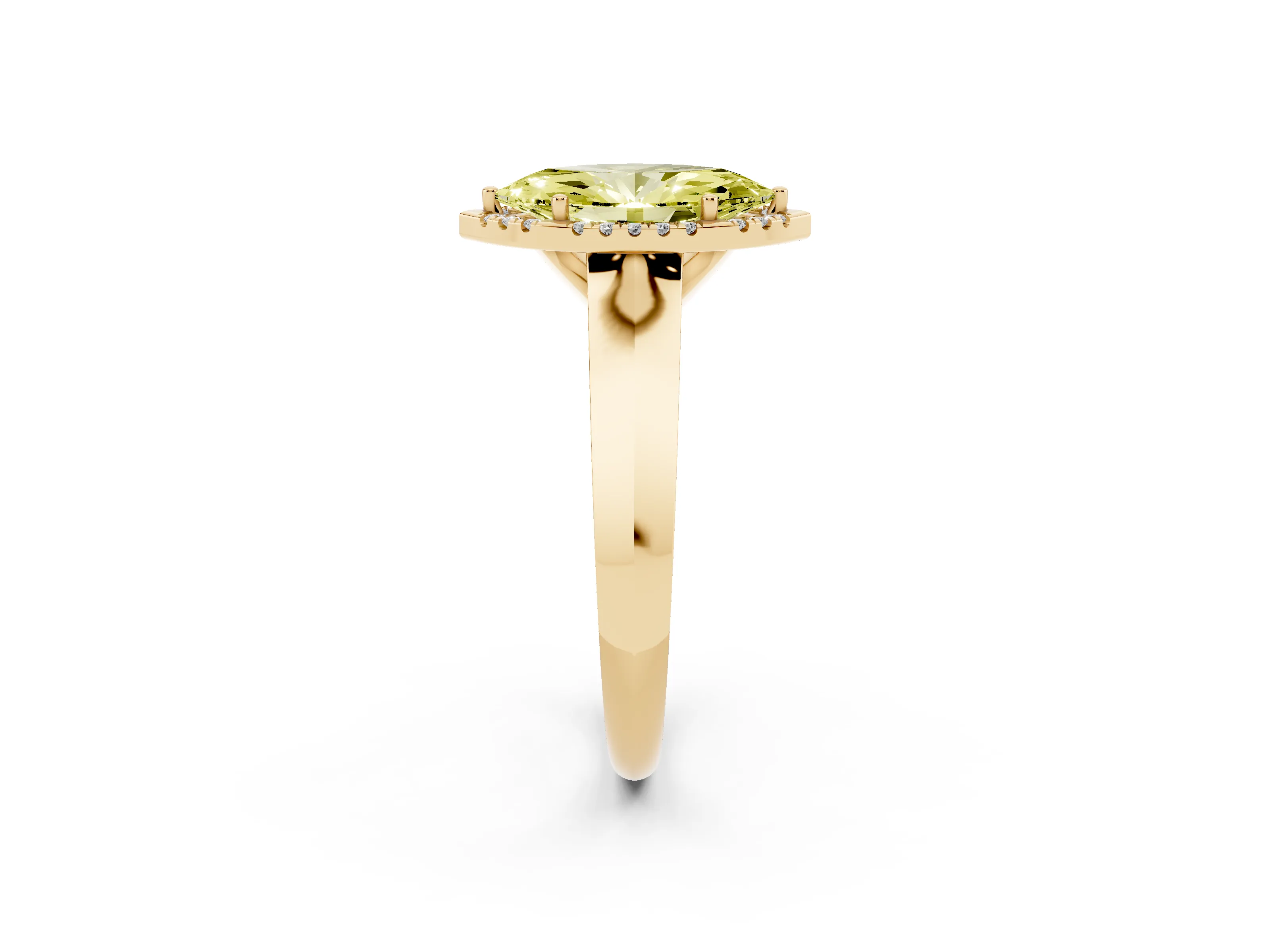 Fancy Yellow Marquise Cut Diamond Halo Ring Set in Yellow gold with Cathedral Band and Prong Setting