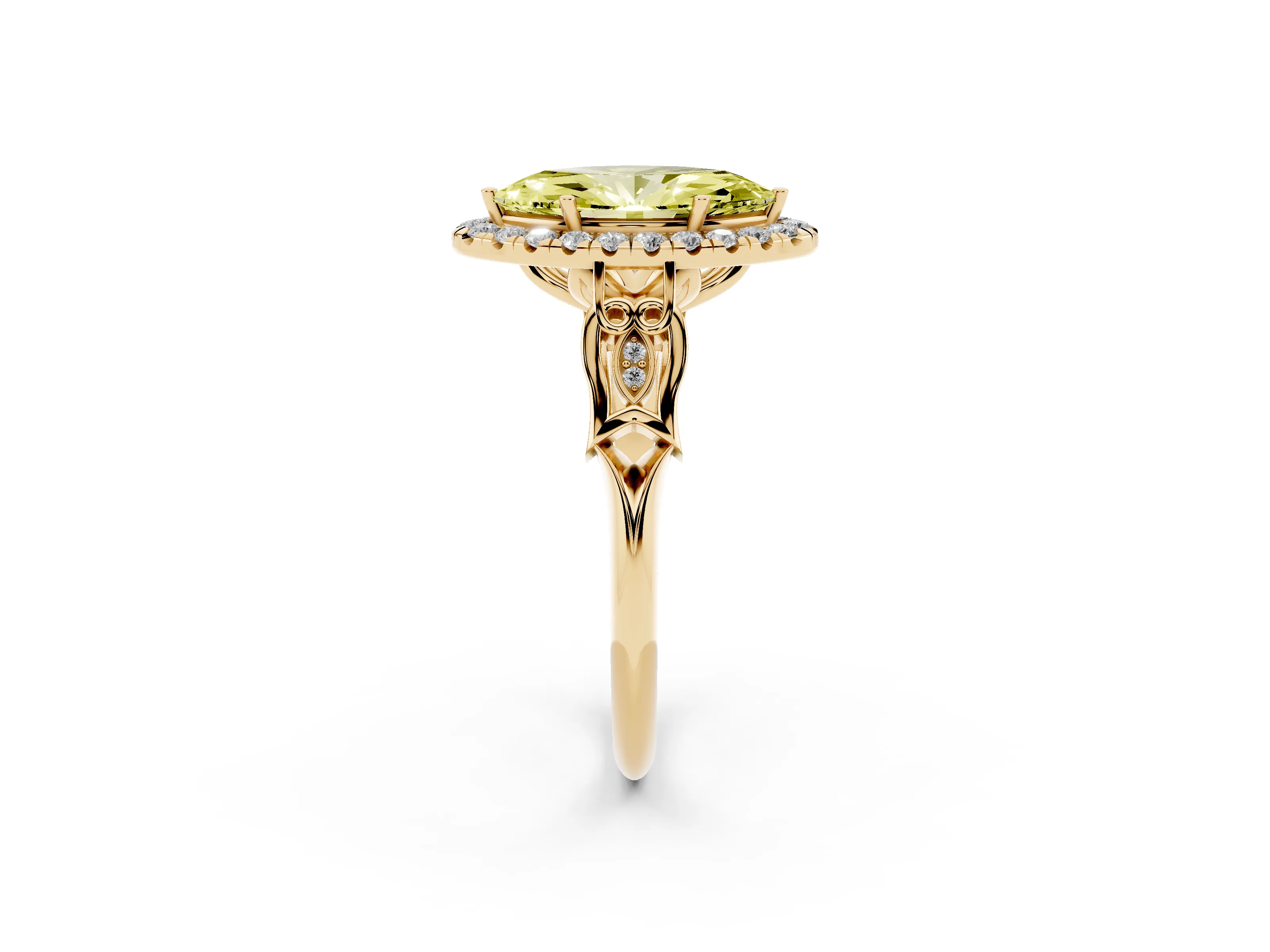 Fancy Yellow Marquise Cut Diamond Halo Engagement Ring Set in Yellow gold with Filigree Band and Prong-Set Center