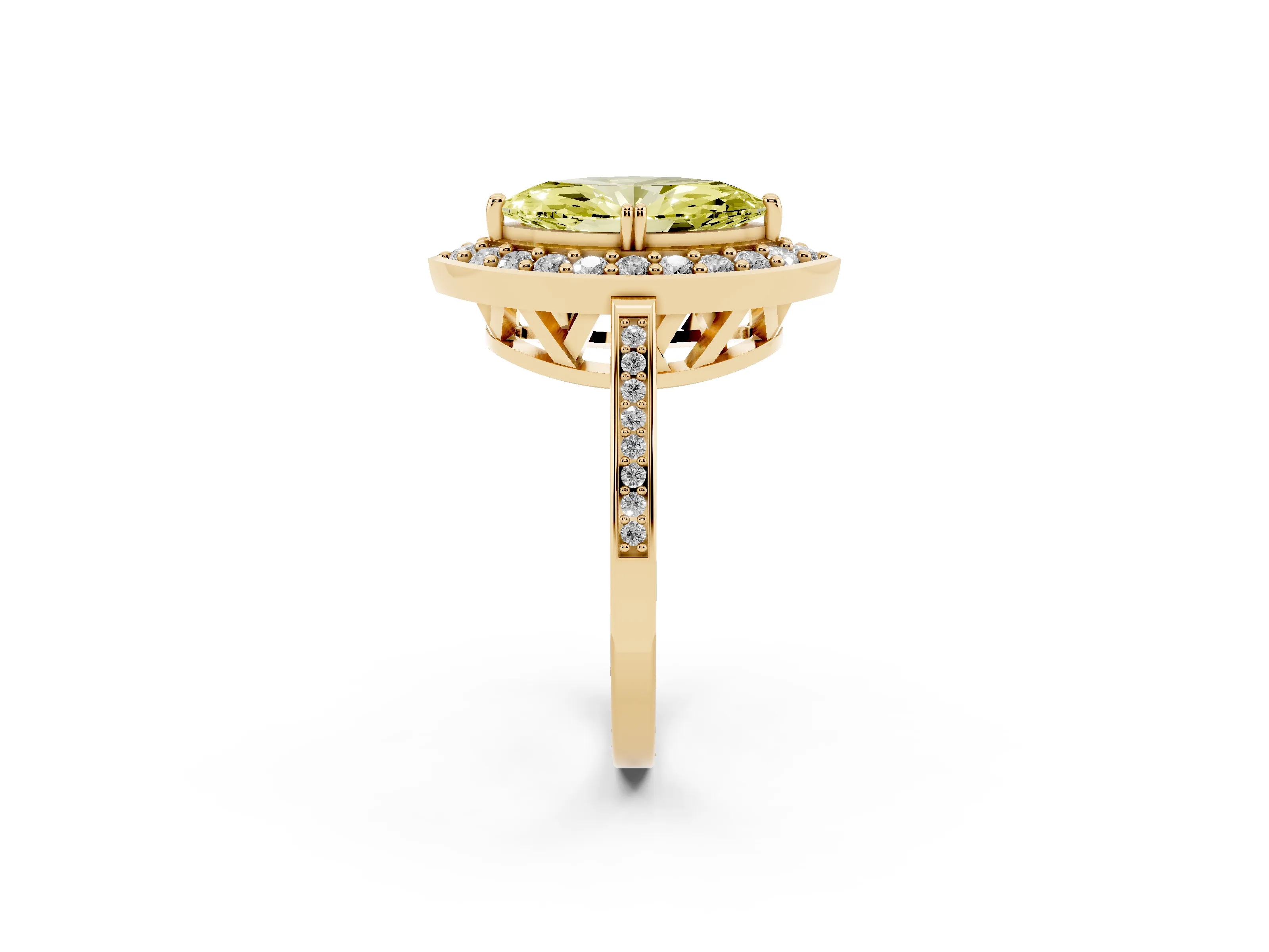 Fancy Yellow Marquise Cut Diamond Halo Ring Set in Yellow gold with Accent-Lined Split Shank and Prong Setting