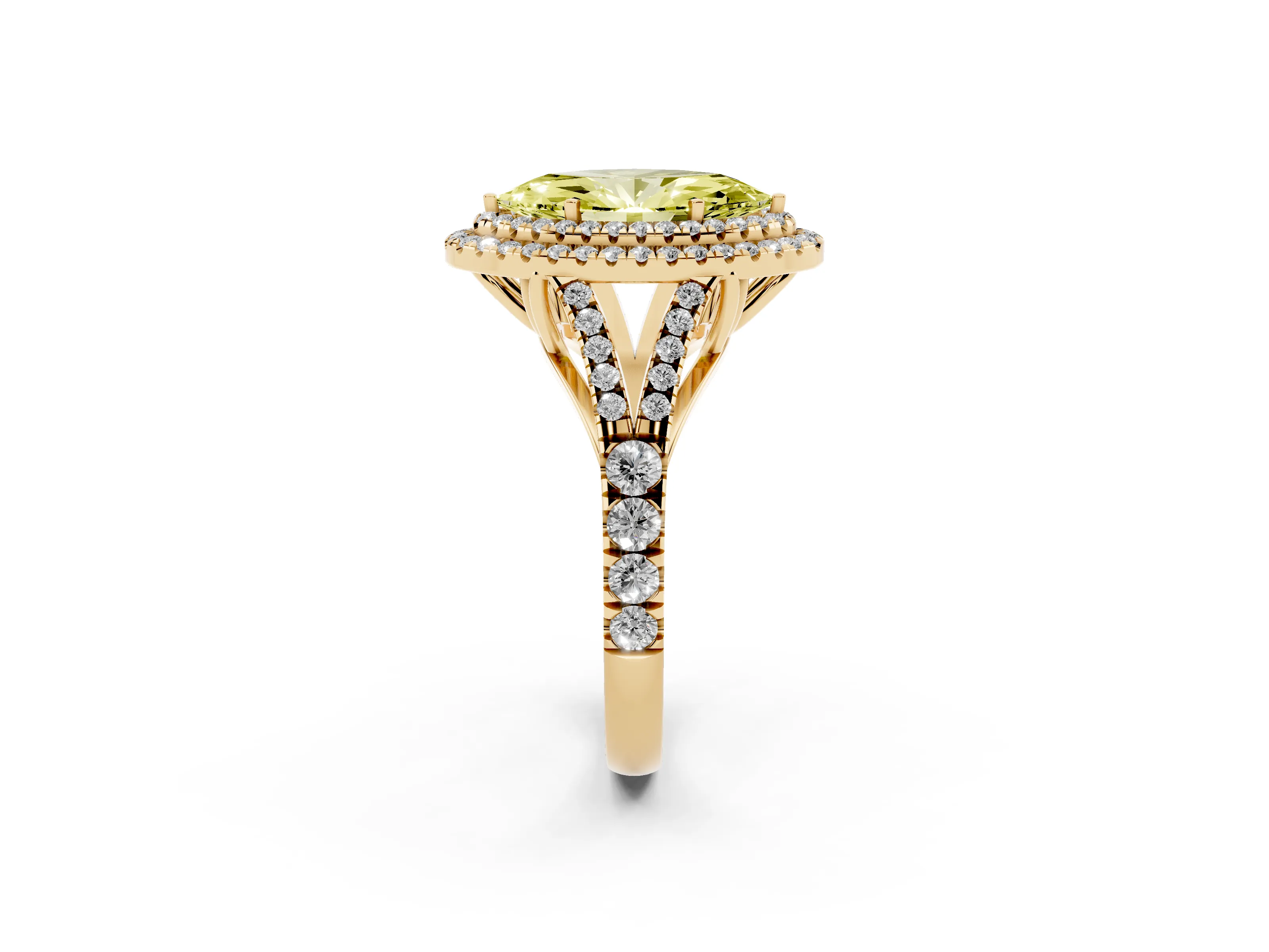 Fancy Yellow Marquise Cut Diamond Pavé Split Shank Double Halo Engagement Ring Set in Yellow gold