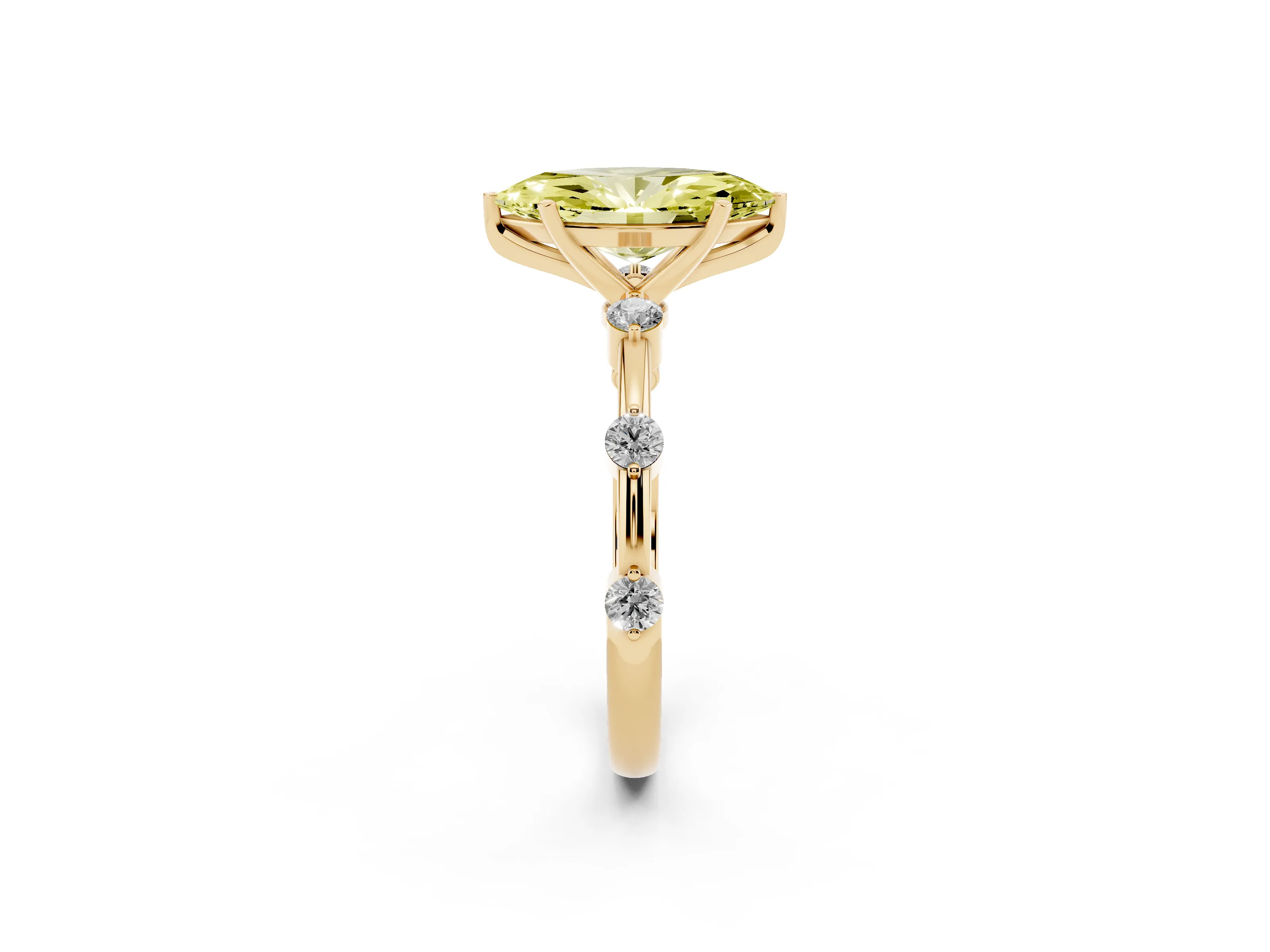 Fancy Yellow Marquise Cut Diamond Solitaire Ring Set in Yellow gold with Bezel Set Side Stones and Prong Setting