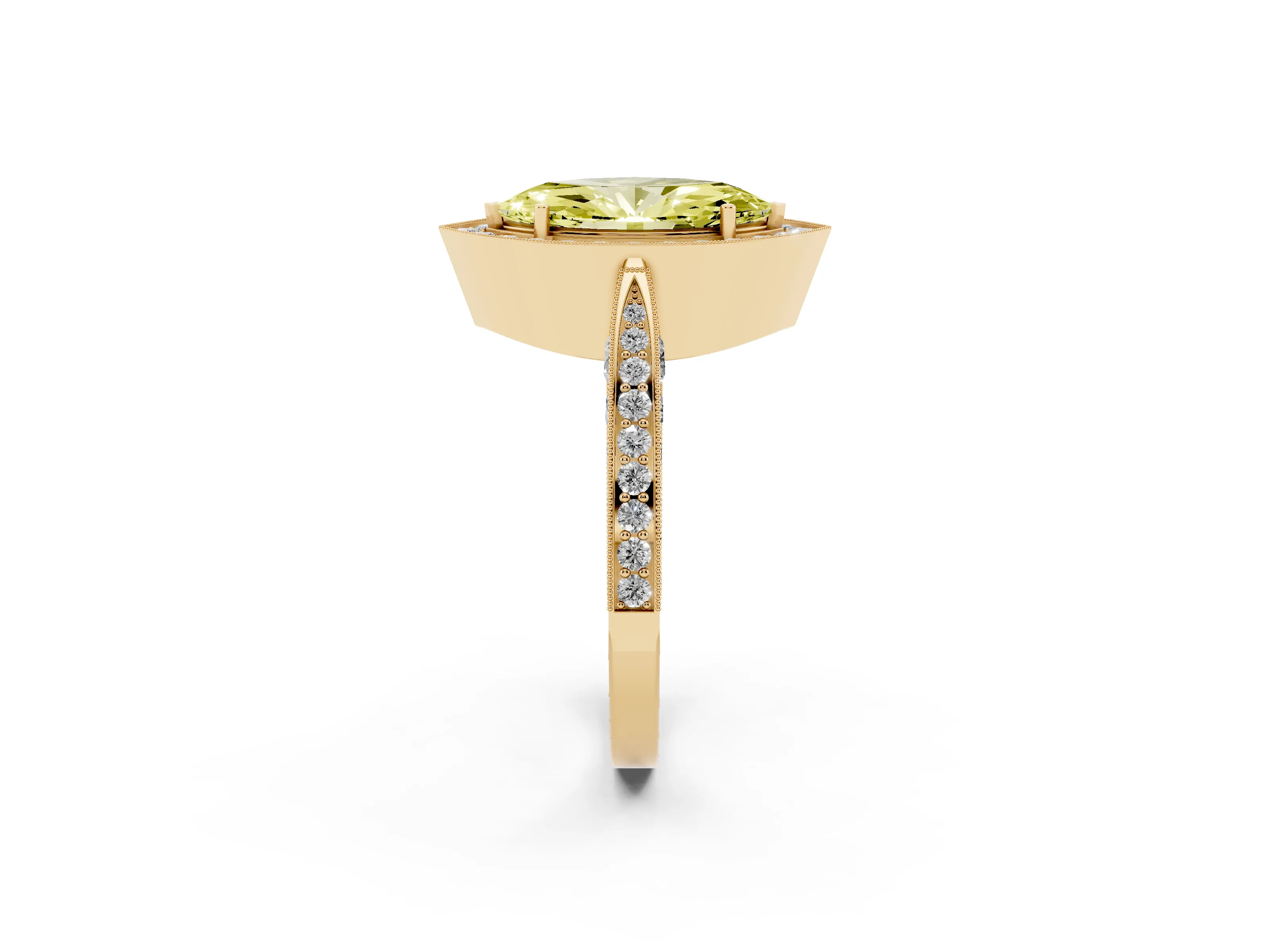 Fancy Yellow Marquise Cut Diamond Halo Engagement Ring Set in Yellow gold with Accent Split Shank Band