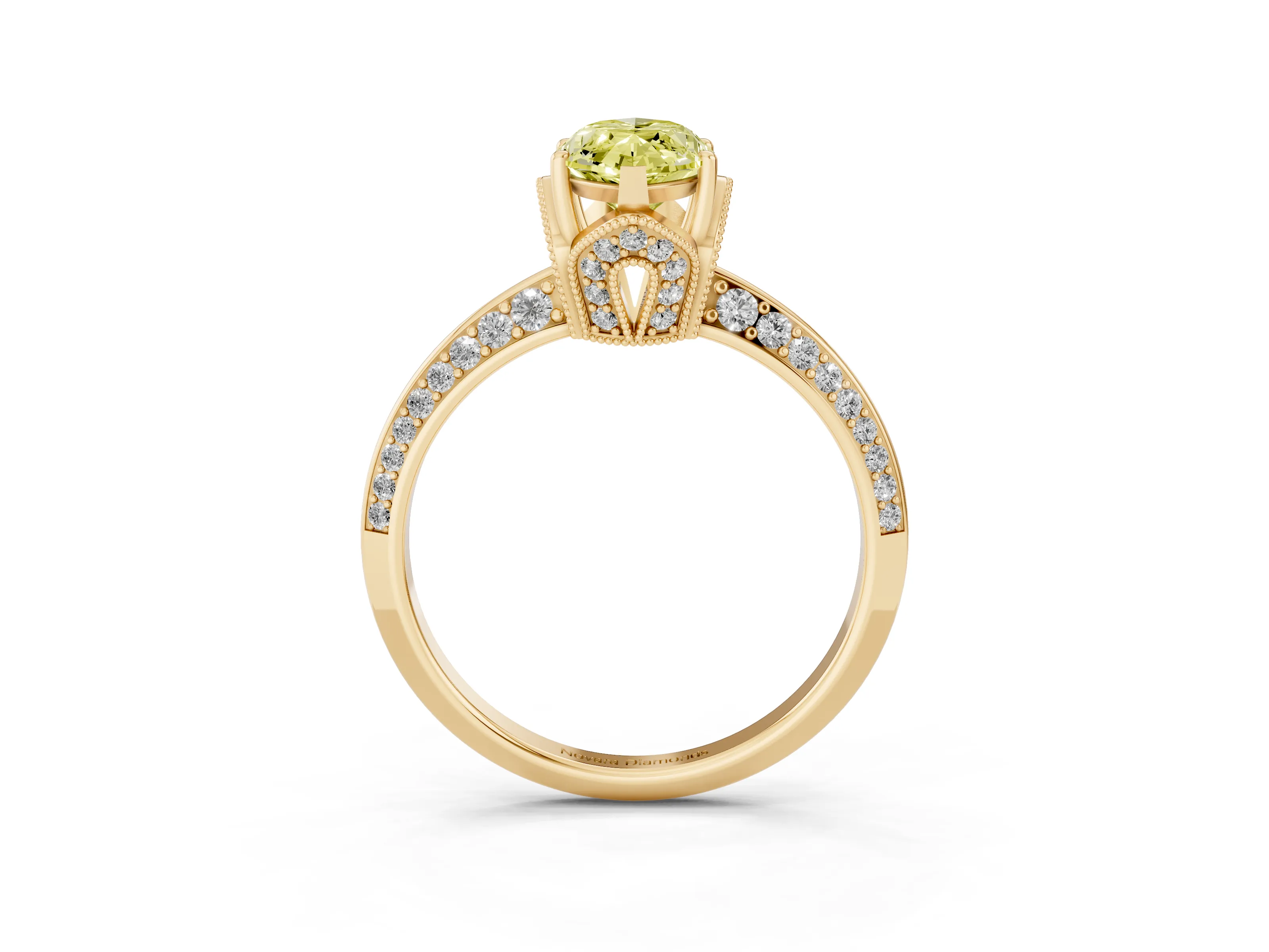 Fancy Yellow Marquise Cut Diamond Solitaire Engagement Ring Set in Yellow gold with Pavé Split Shank and Prong Setting