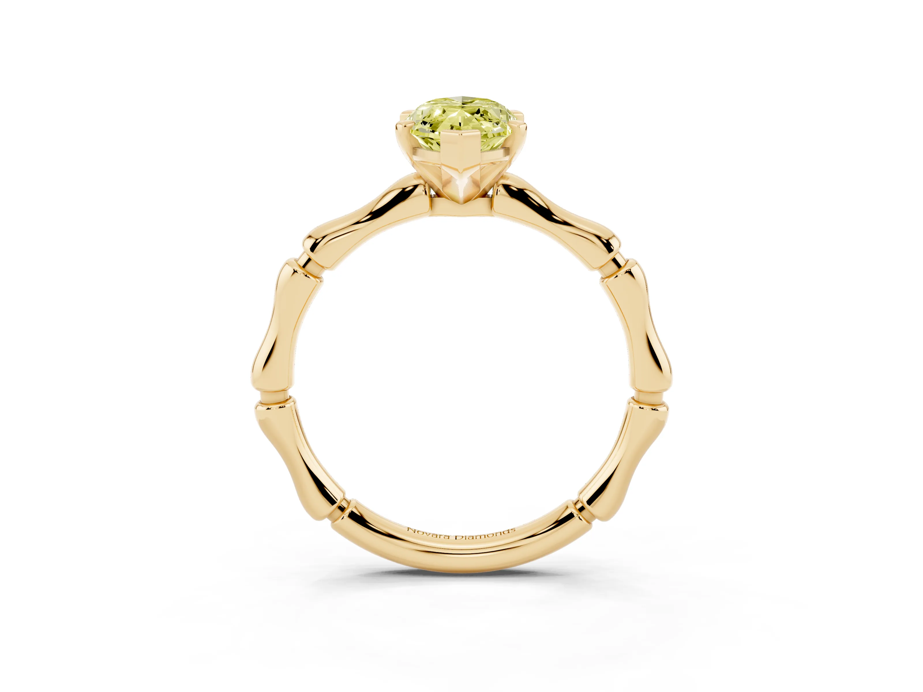 Fancy Yellow Marquise Cut Diamond Solitaire Ring Set in Yellow gold with Bamboo Band and Prong Setting
